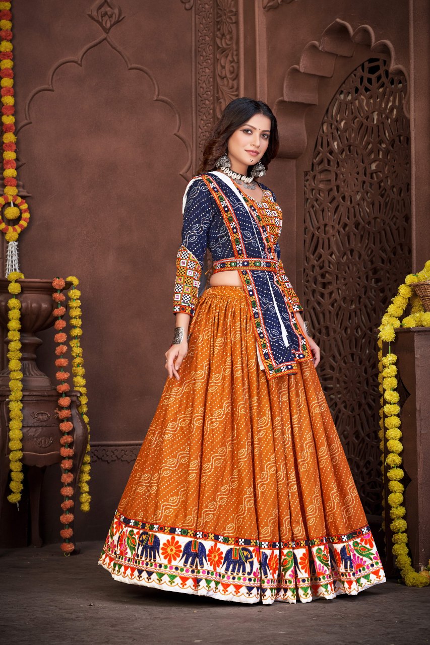 Navratri Special Blue & Mustard Bandhani Chaniya Choli with Embroidered Dupatta