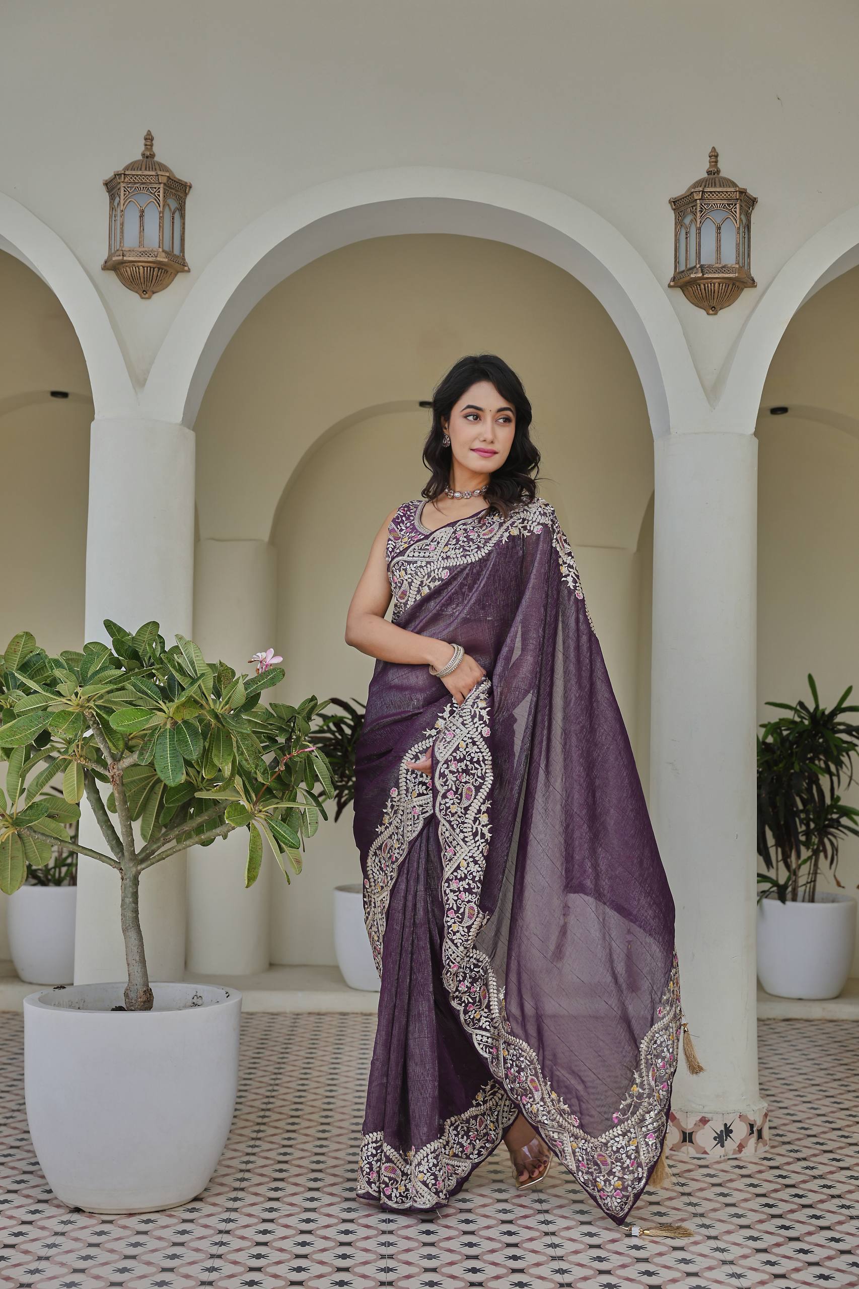 Festival Wedding Saree in Silver Crunchy Fabric with Heavy Thread and Sequence Embroidery Work