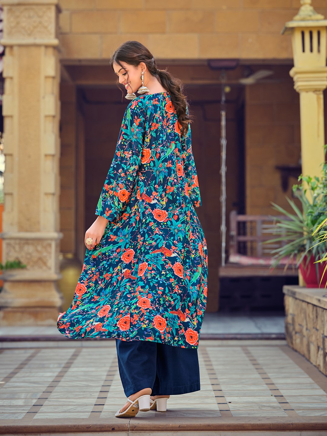 Premium Teal Silk Indo-Western Co-Ord Set with Embroidered Top and Printed Shrug - Fully Stitched