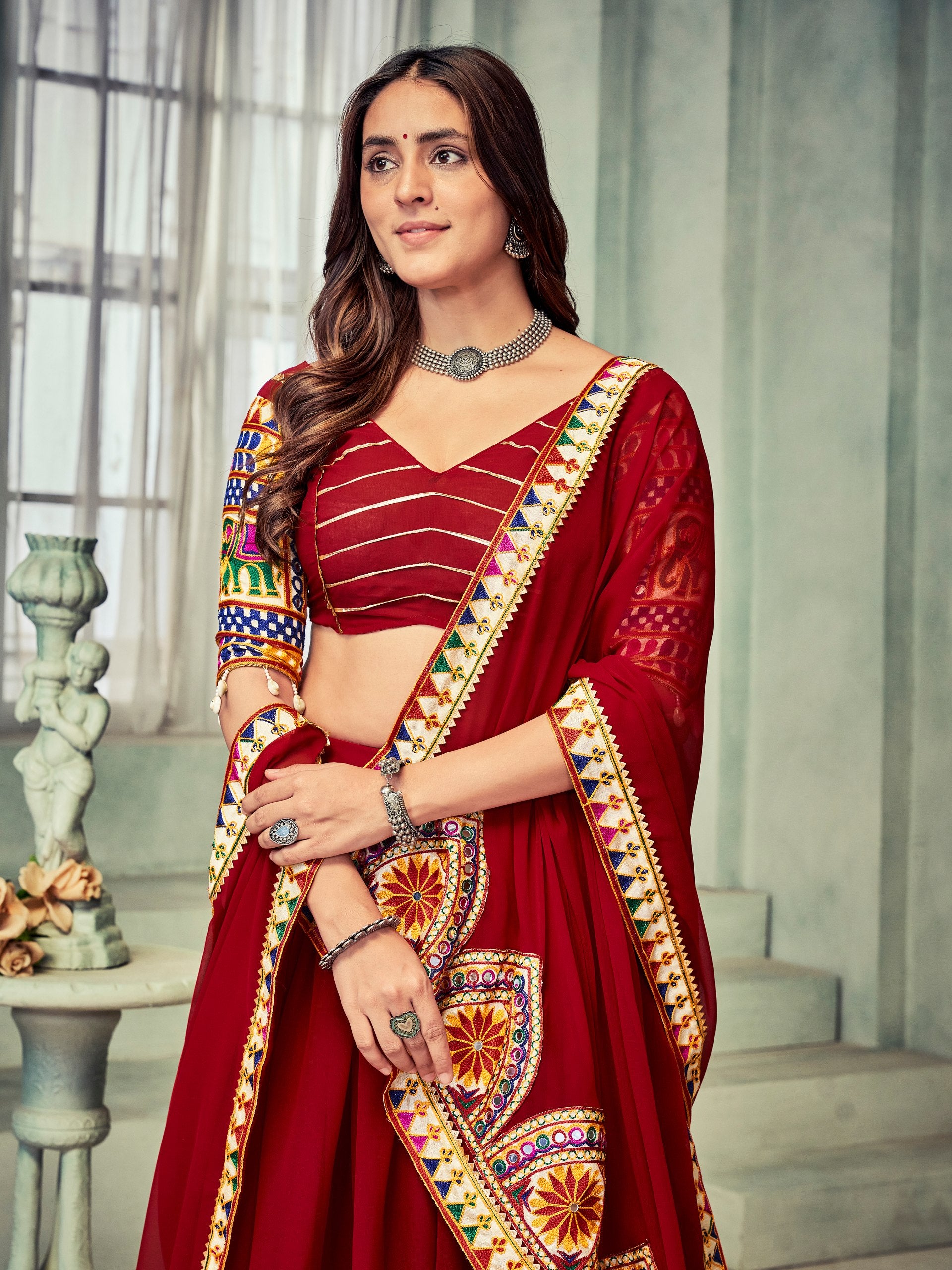 Navratri Special Dark Maroon Kutchi Embroidered Chaniya Choli with Mirror Work