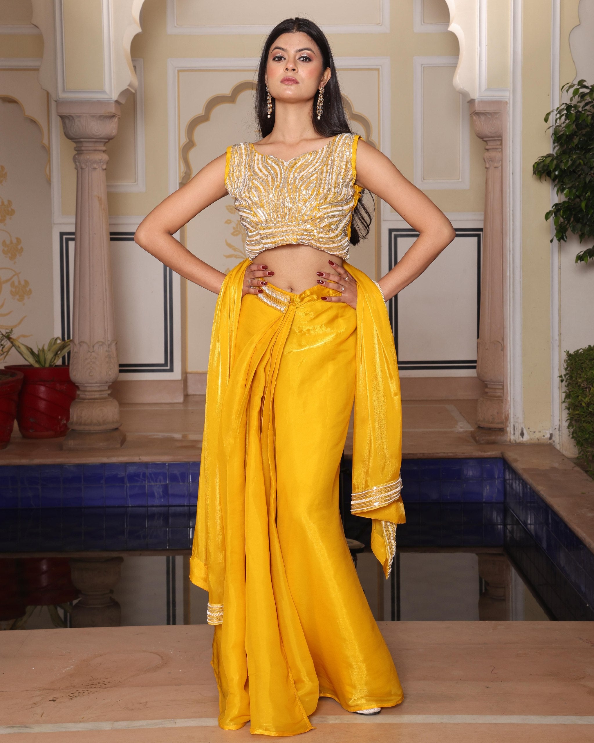 Premium Yellow Silk Indo-Western Drape Skirt Set with Heavy Hand Embroidery - Fully Stitched