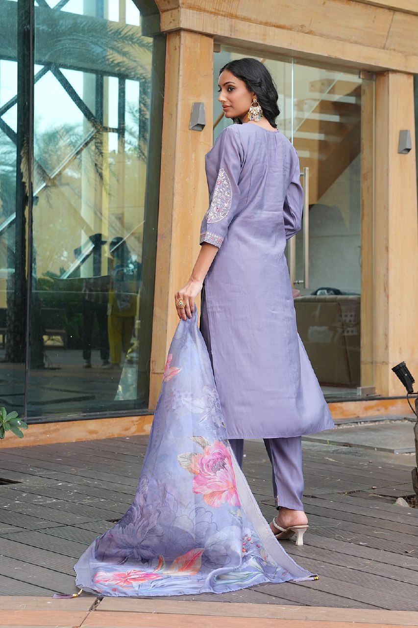 Designer Embroidered Kurta Pant Set with Printed Dupatta Perfect For Wedding Function