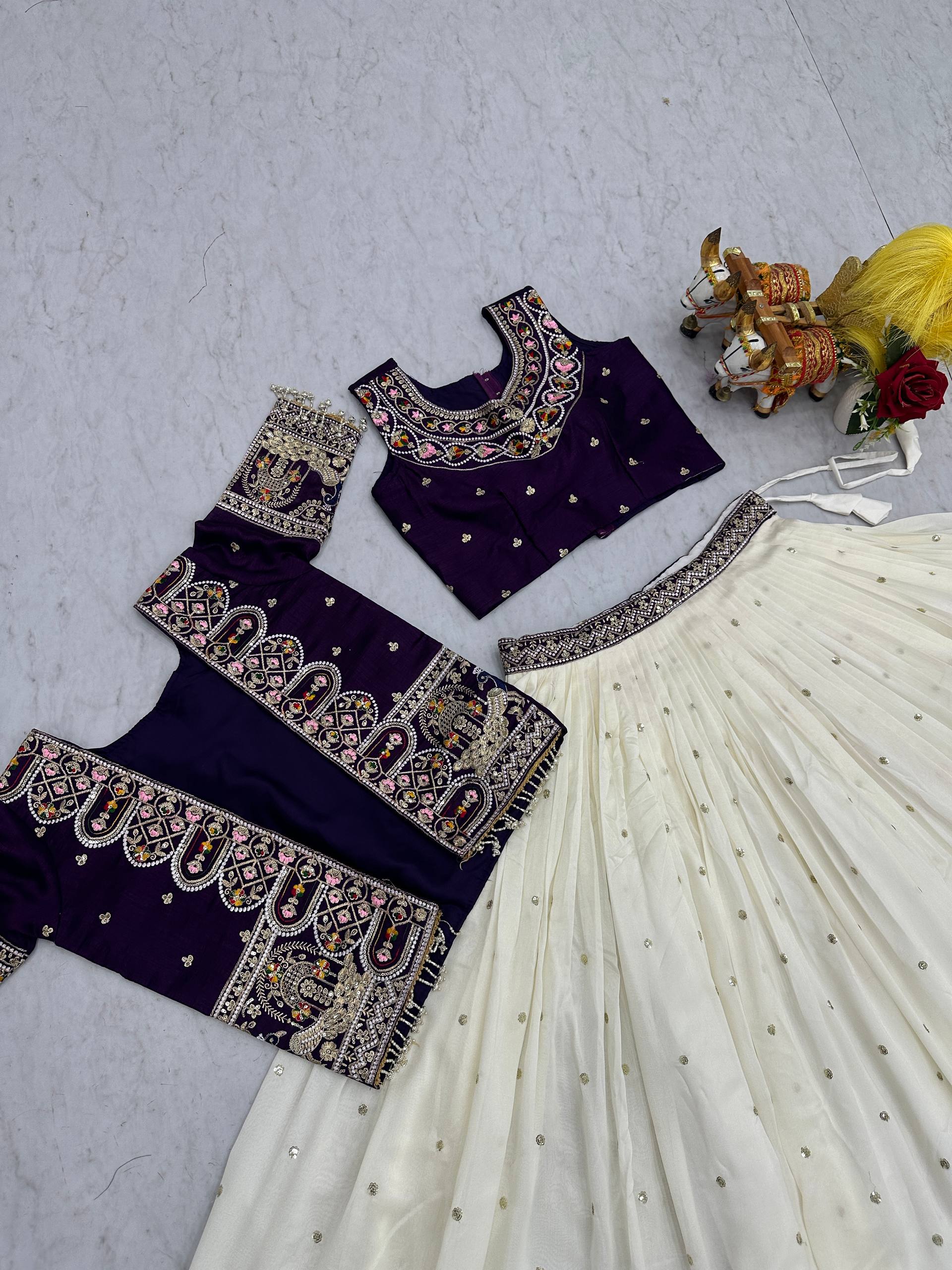 Festival Collection Pure Vichitra Lehenga Choli with Embroidered Koti - Fully Stitched