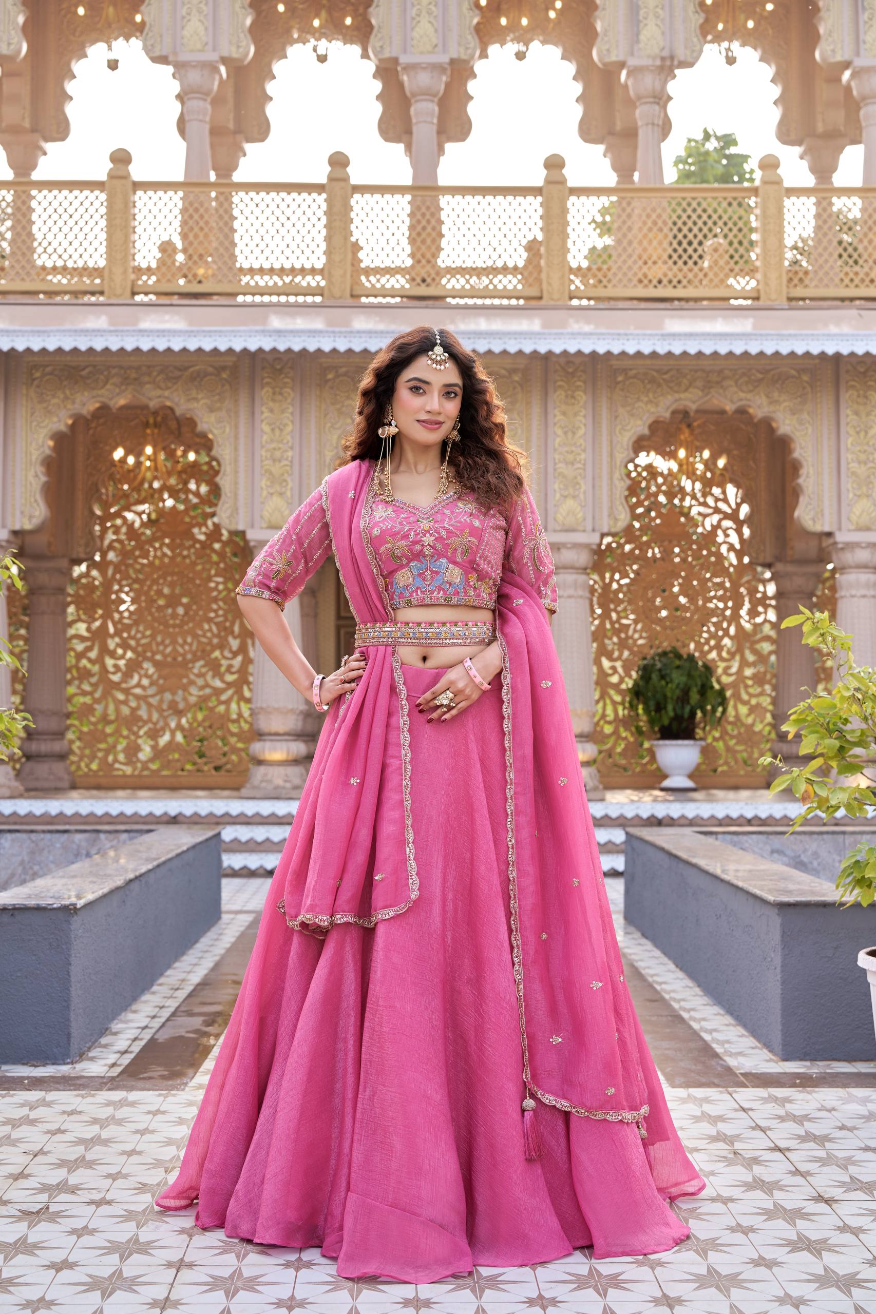 Bridal Wedding Crunchy Lehenga Choli with Heavy Embroidery and 9 Meter Flair - Fully Stitched