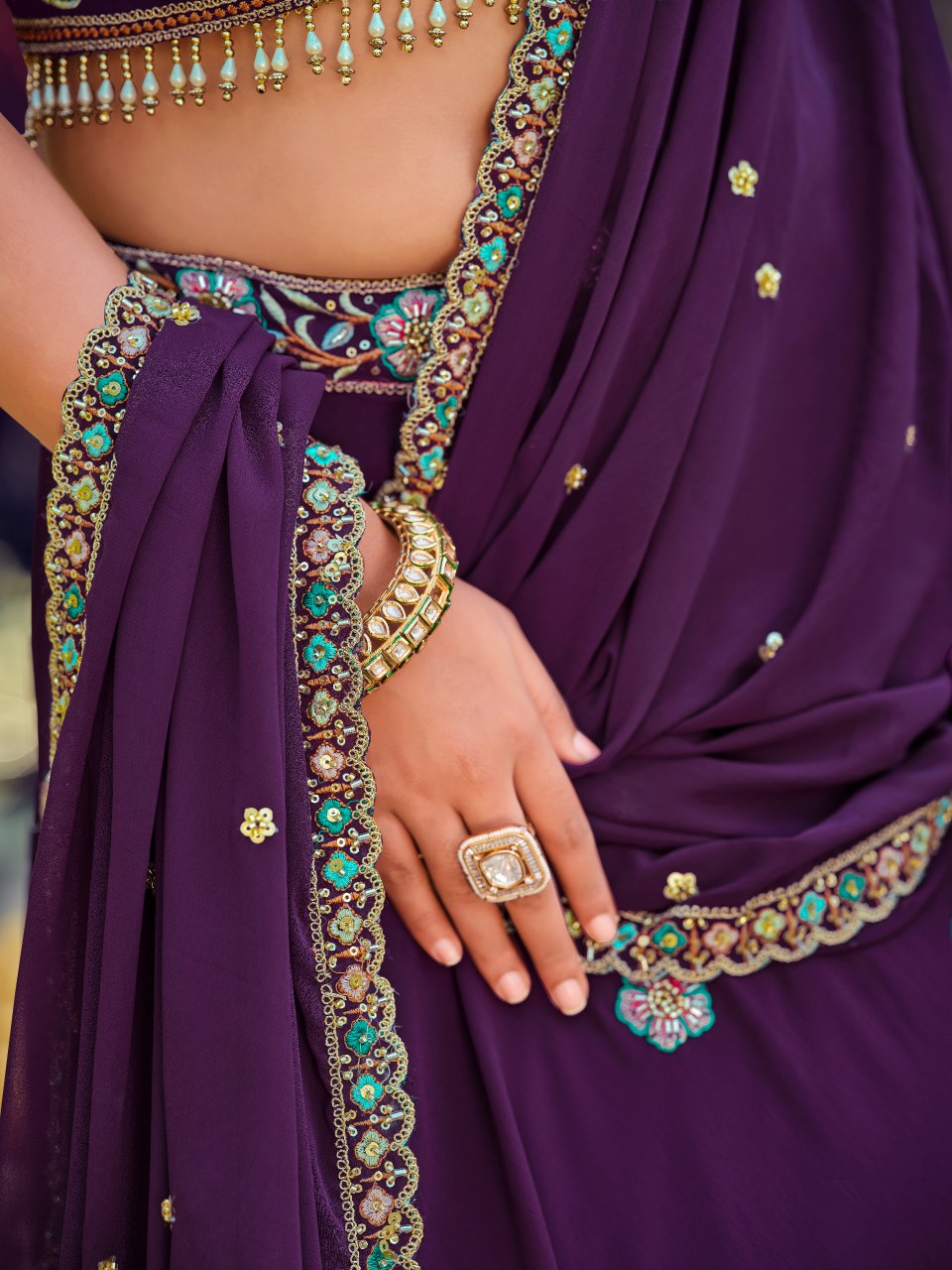 Royal Purple Georgette Lehenga Choli with Embroidered Beads Work and Designer Dupatta