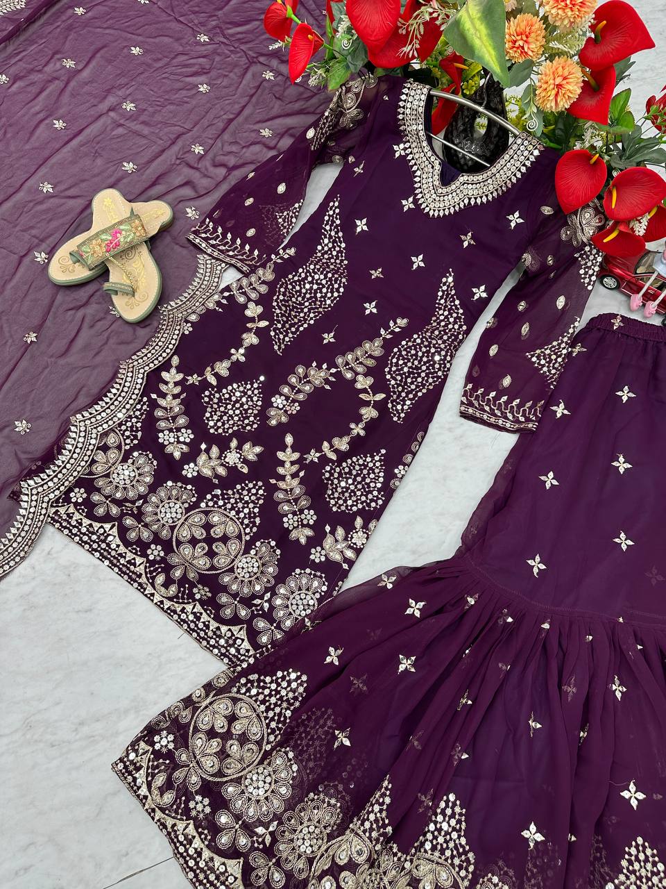 Designer Party Wear Embroidered Sharara Suit Set with Dupatta - Fully Stitched