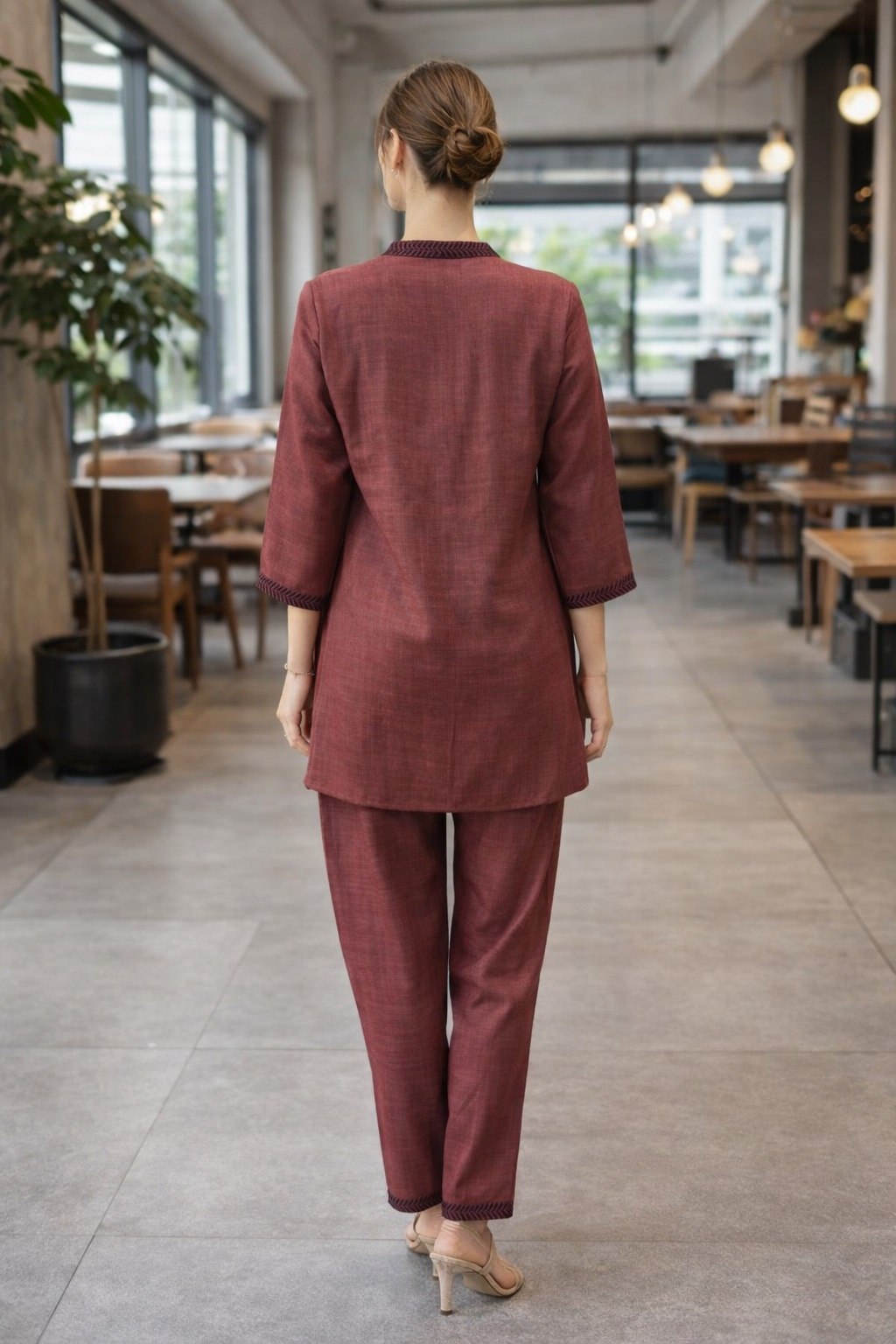 Women's Poly Linen Cotton Embroidered Co-Ord Set with Collar Neck Top and Pant - Fully Stitched
