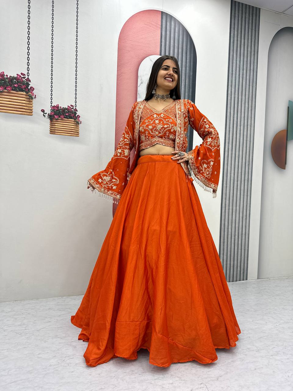 Trendy Indo Western Lehenga Outfit with Sequence Work Shrug - Fully Stitched