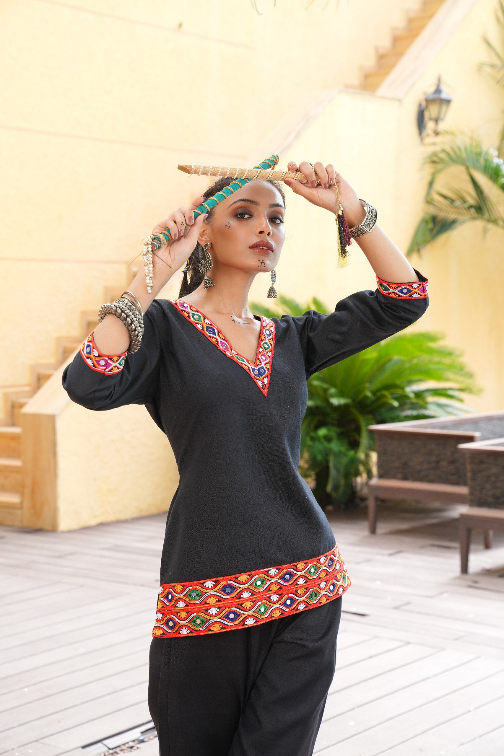 Navratri Special Black Embroidered Kurti Pant Set with Original Mirror Work - Fully Stitched