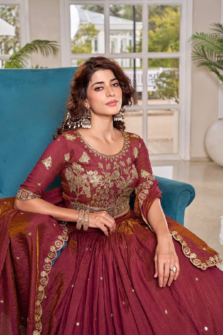 Wedding Collection Pure NC Vichitra Lehenga Choli with Heavy Cording Embroidery Work - Fully Stitched