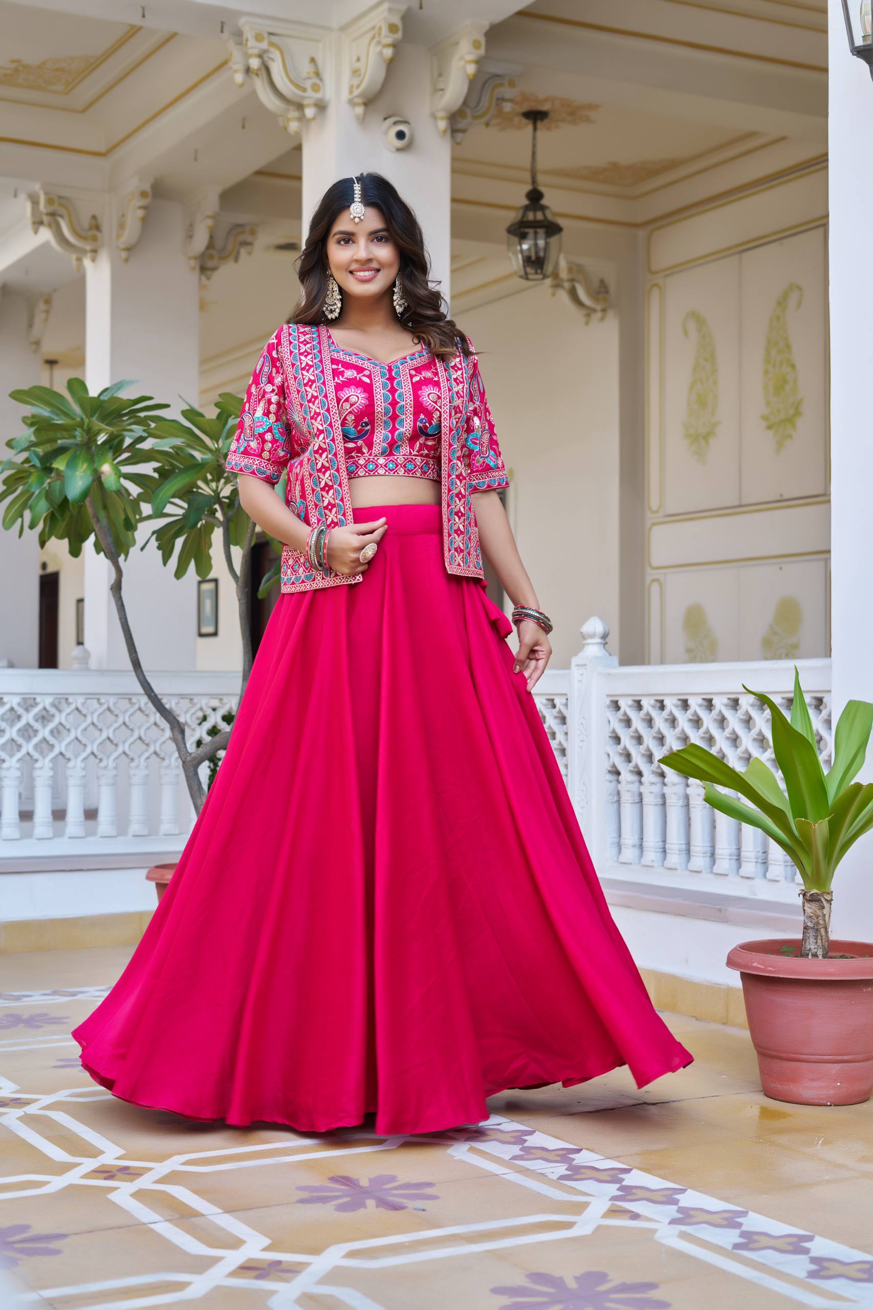 Festival Collection Vichitra Lehenga Choli with Embroidered Koti and 8.50 Meter Flair - Fully Stitched