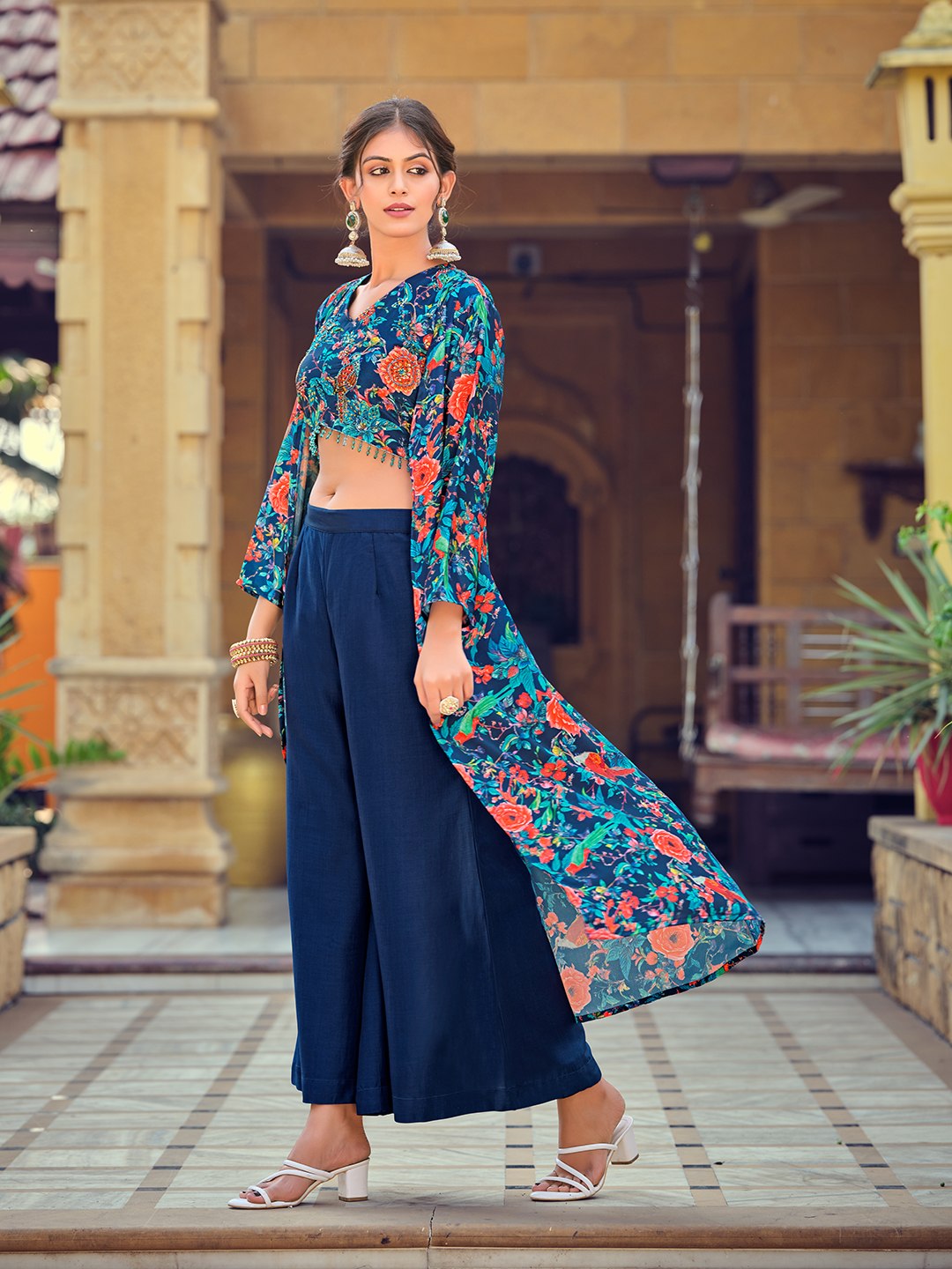 Premium Teal Silk Indo-Western Co-Ord Set with Embroidered Top and Printed Shrug - Fully Stitched