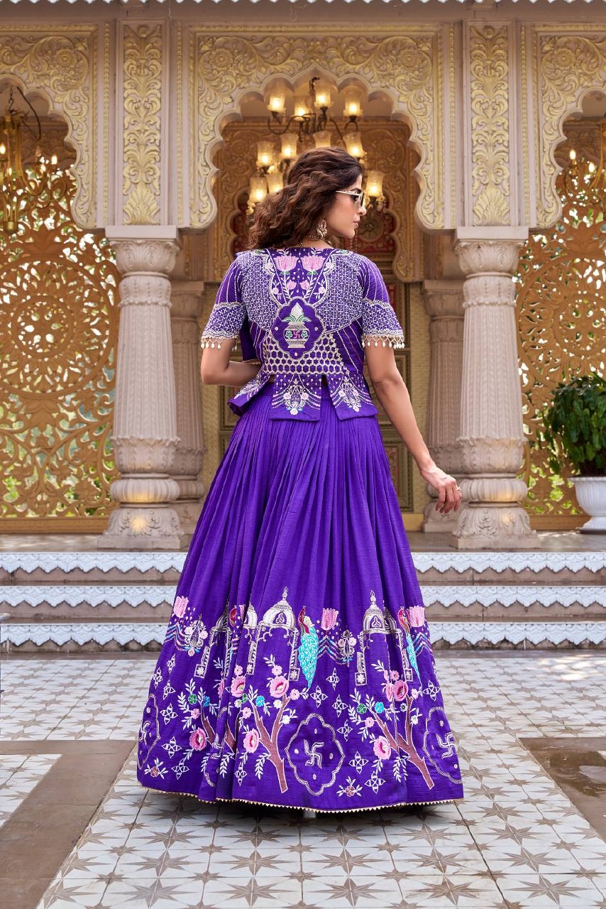 Festival Collection Pure Vichitra Lehenga Choli with Embroidered Koti - Fully Stitched