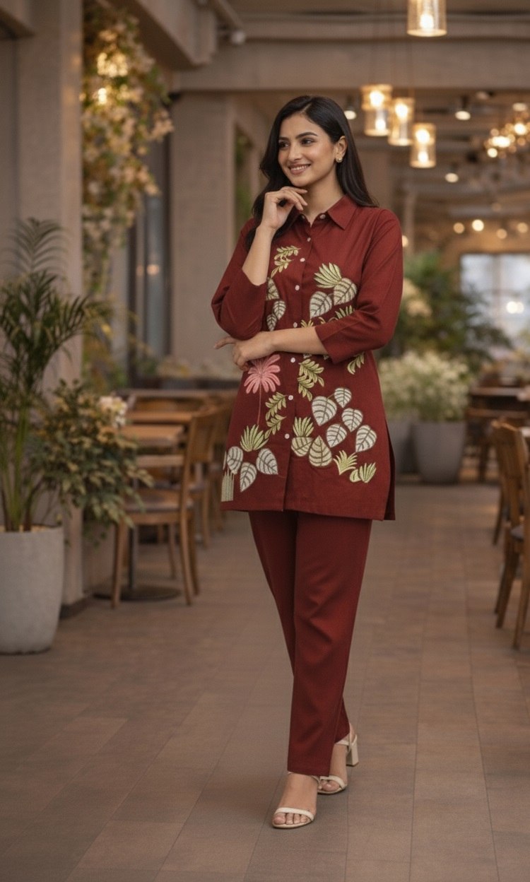 Women's Cotton Embroidered Co-Ord Set with Shirt Collar Top and Pant - Fully Stitched