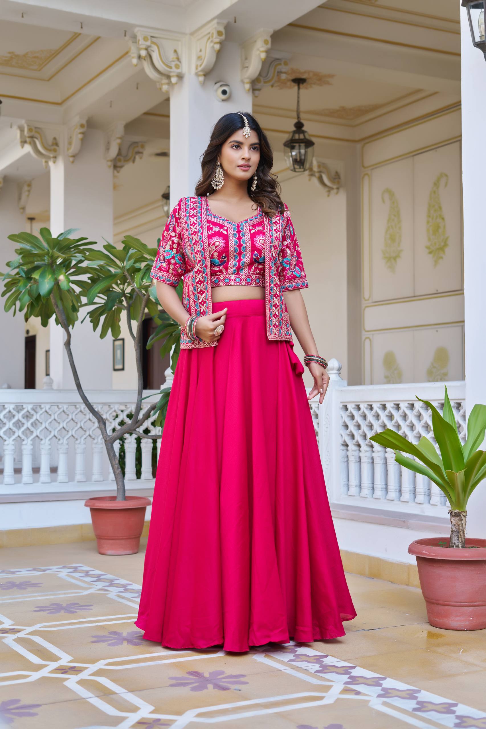 Festival Collection Vichitra Lehenga Choli with Embroidered Koti and 8.50 Meter Flair - Fully Stitched