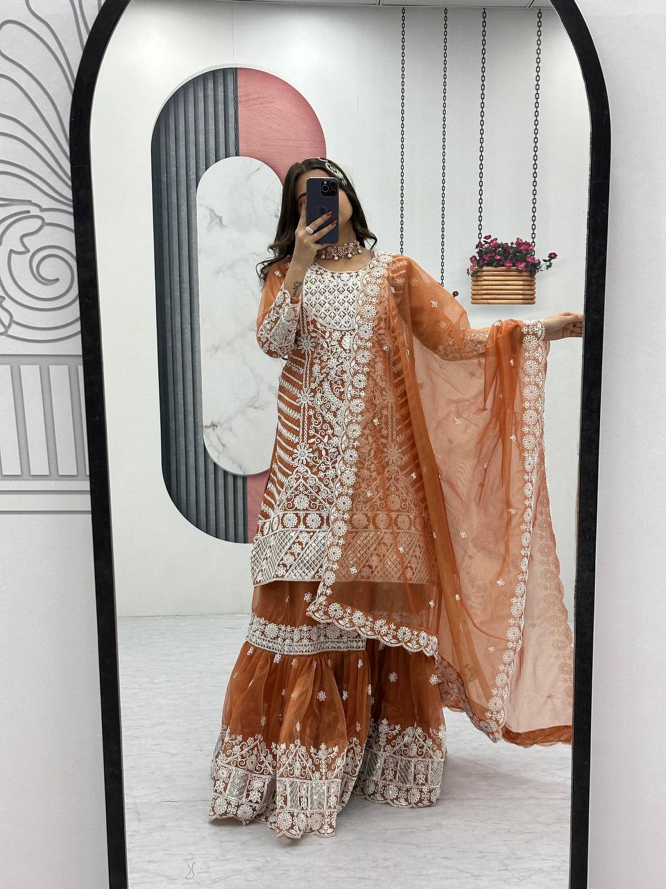 Designer Party Wear Farshi Sharara Set with Heavy Embroidered Top and Dupatta - Fully Stitched