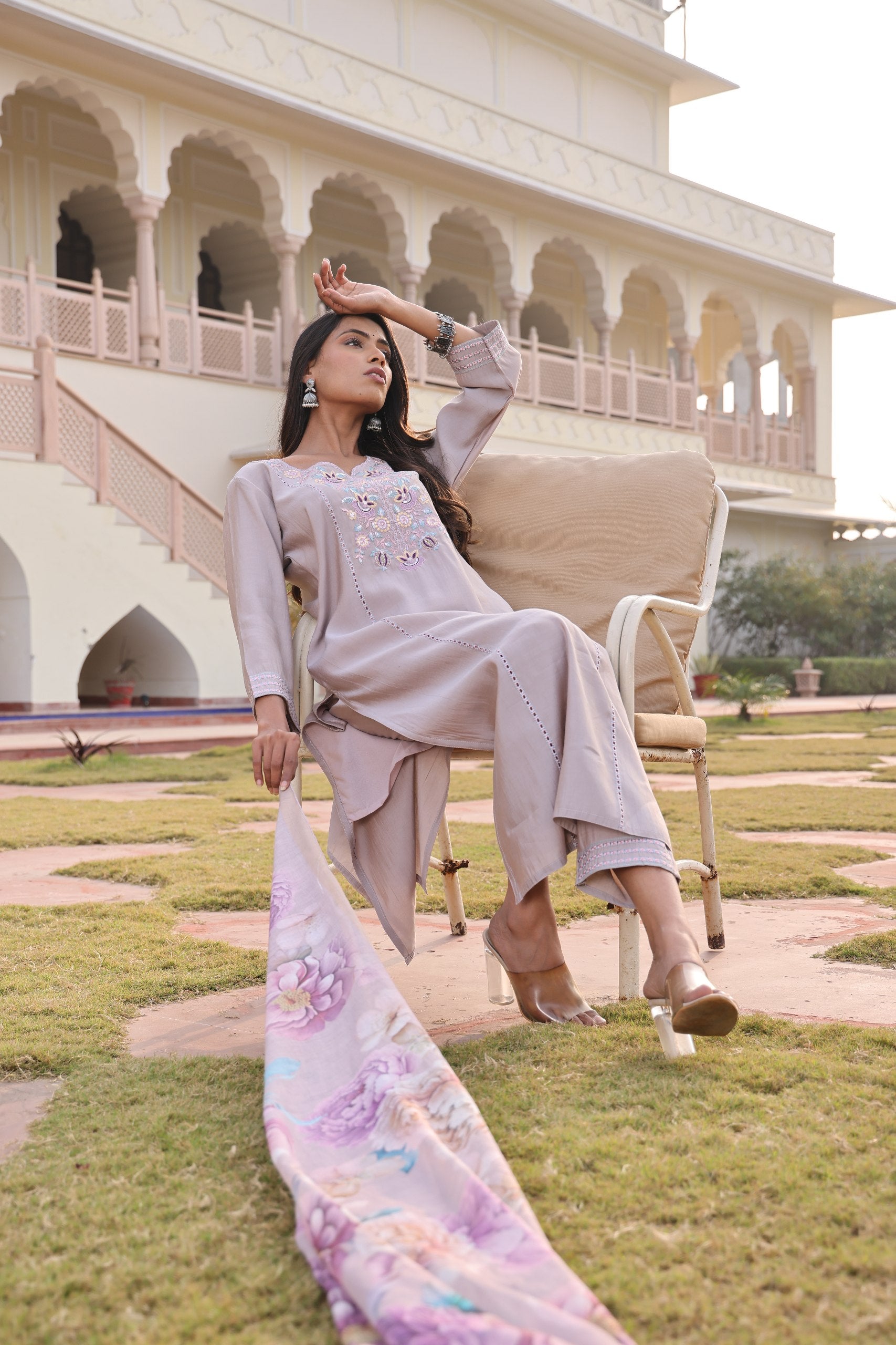 Designer Beige Embroidered Kurti Pant Set with Digital Print Dupatta - Fully Stitched