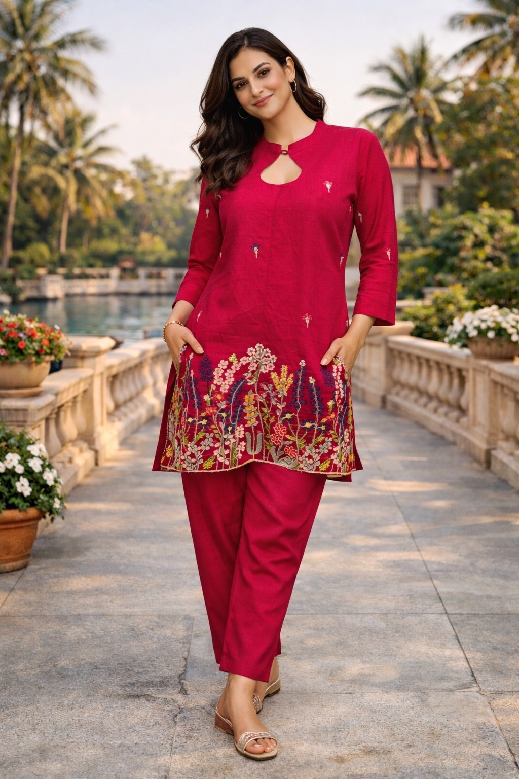 Women's Cotton Silk Embroidered Co-Ord Set with Round Neck Top and Pant - Fully Stitched