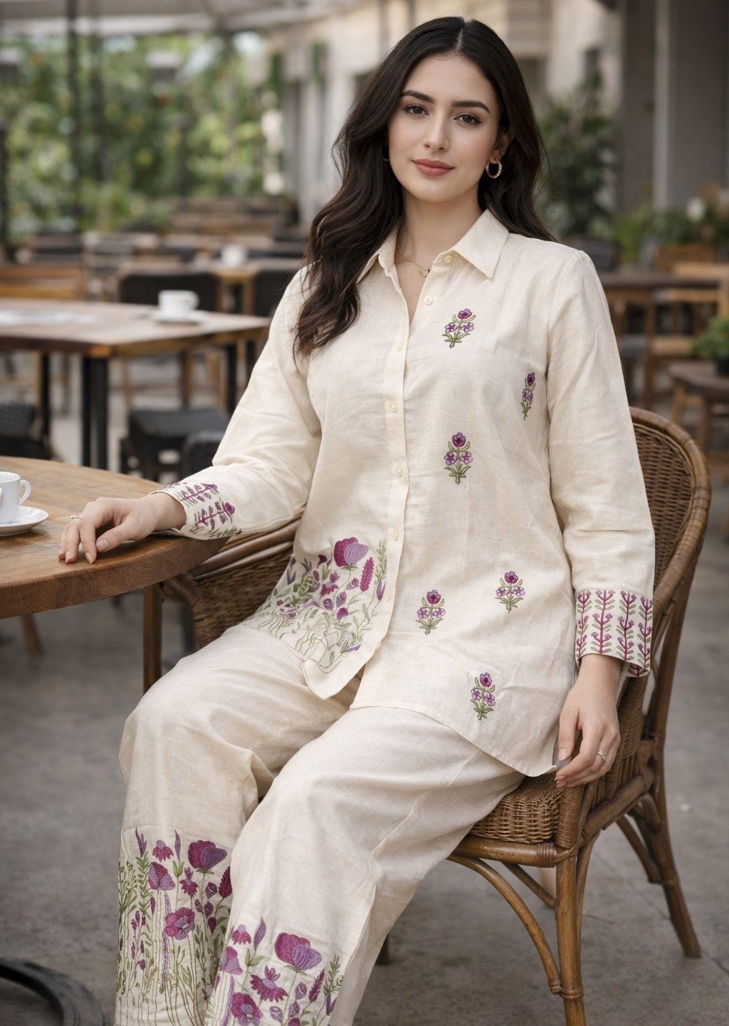 Women's Pure Cotton White Embroidered Co-Ord Set with Shirt Collar Top and Pant - Fully Stitched