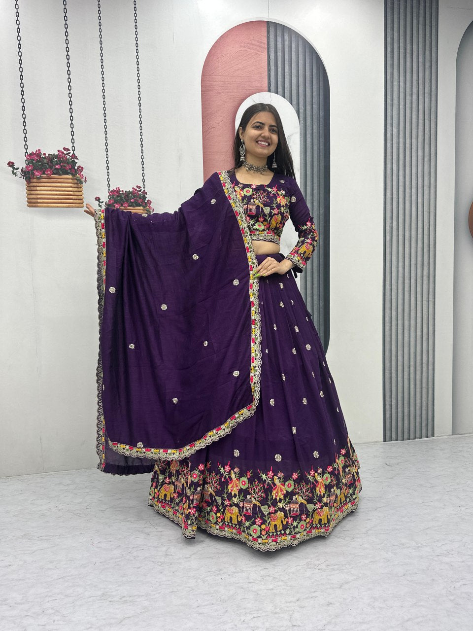 Designer Chinon Lehenga Choli with Embroidery Coding Thread Work - Fully Stitched