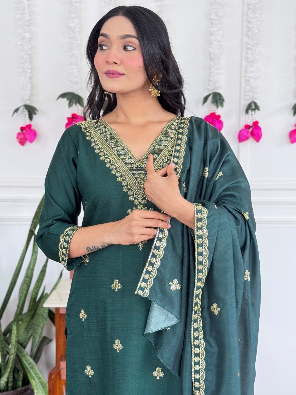 Stylish PV Chanderi Embroidered Kurta Pant Set with Silk Dupatta for Party Wear - Fully Stitched
