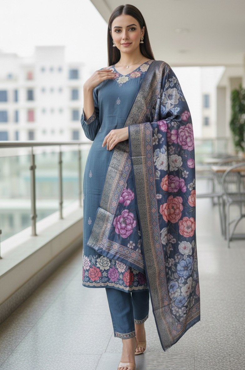 Designer Embroidered Kurta Pant Set with Printed Dupatta Perfect For Wedding Function