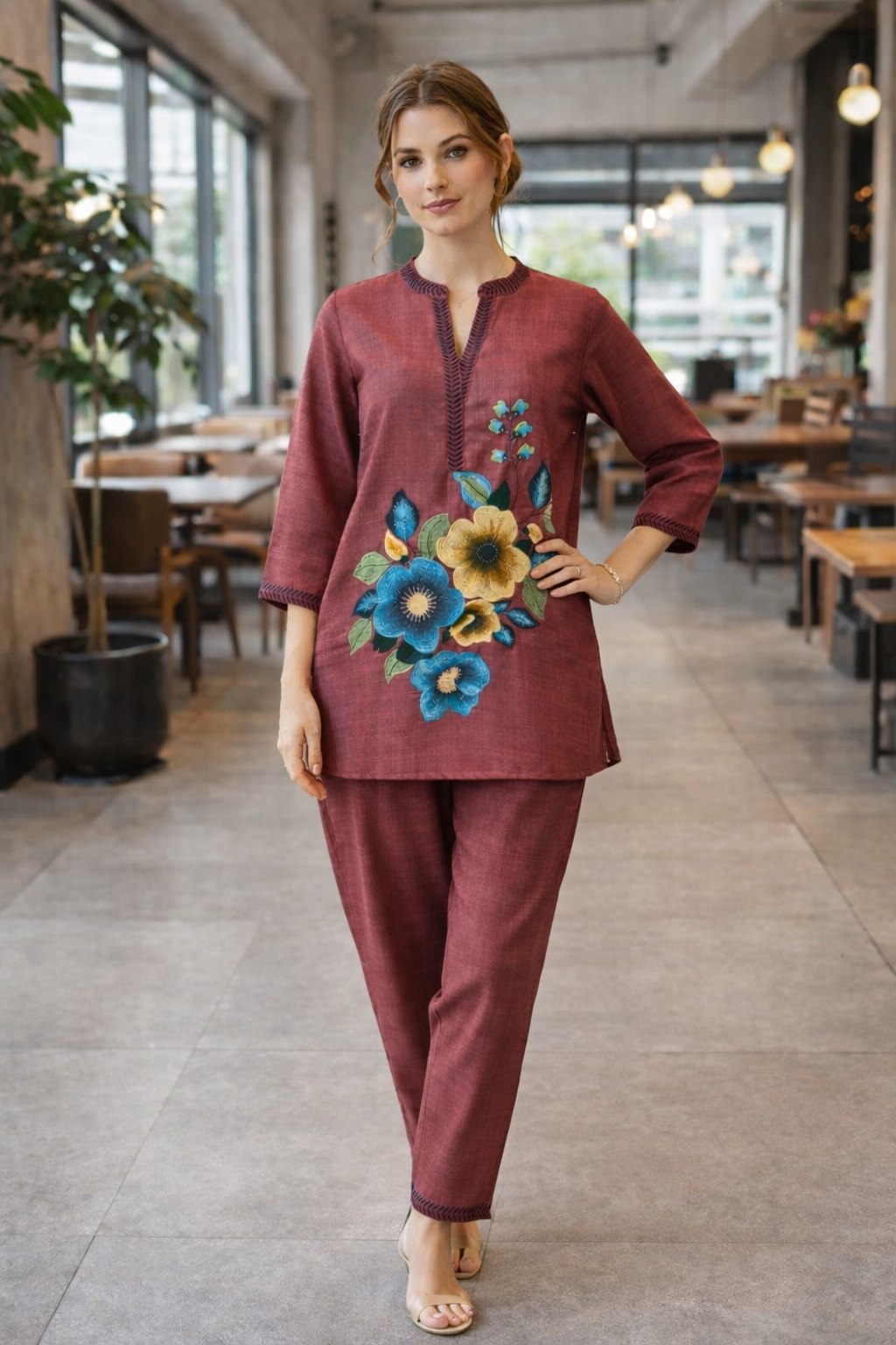 Women's Poly Linen Cotton Embroidered Co-Ord Set with Collar Neck Top and Pant - Fully Stitched