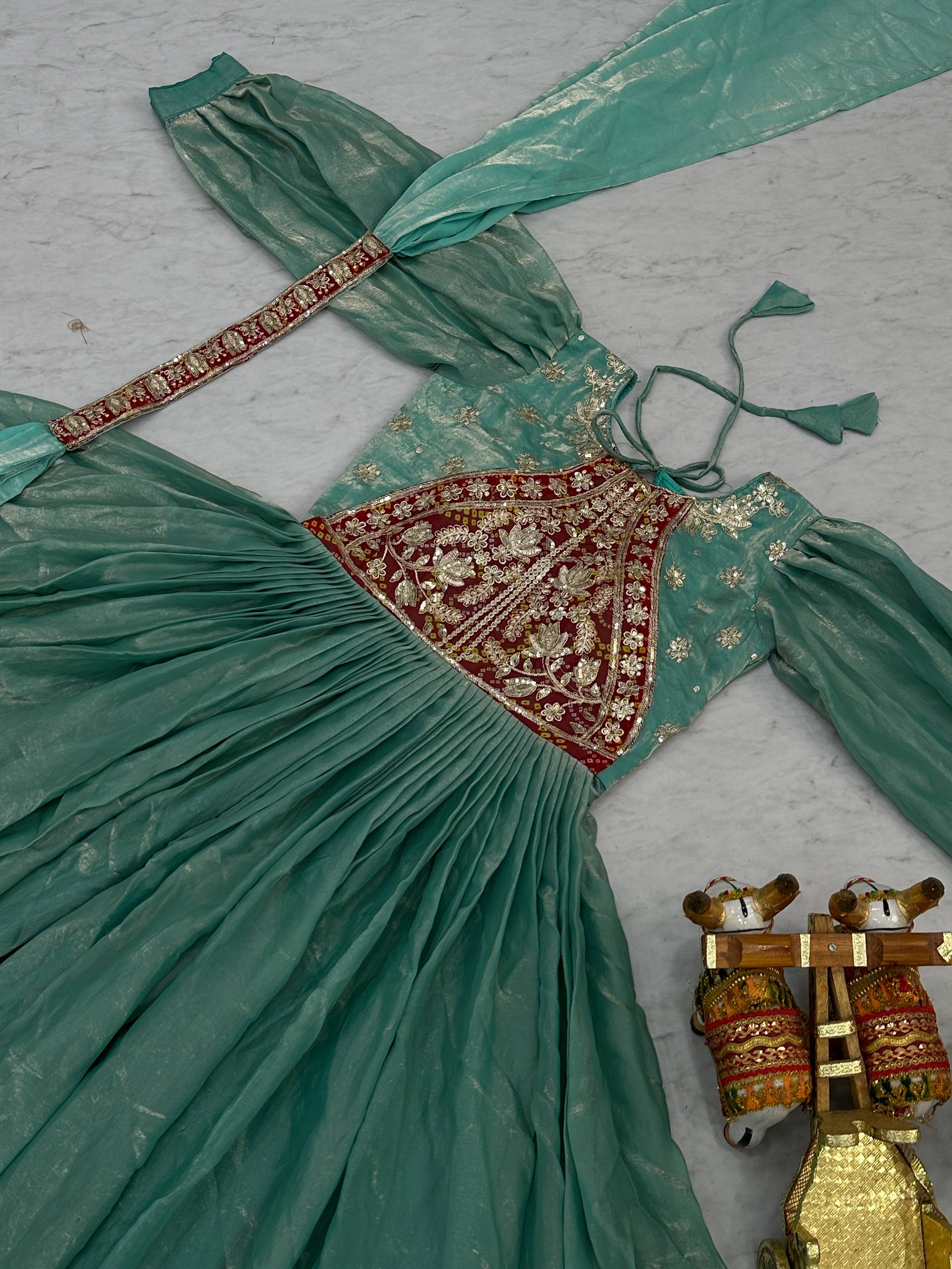 Festival Collection Fendy Silk Long Gown with Heavy Sequence and Thread Embroidery Work - Fully Stitched