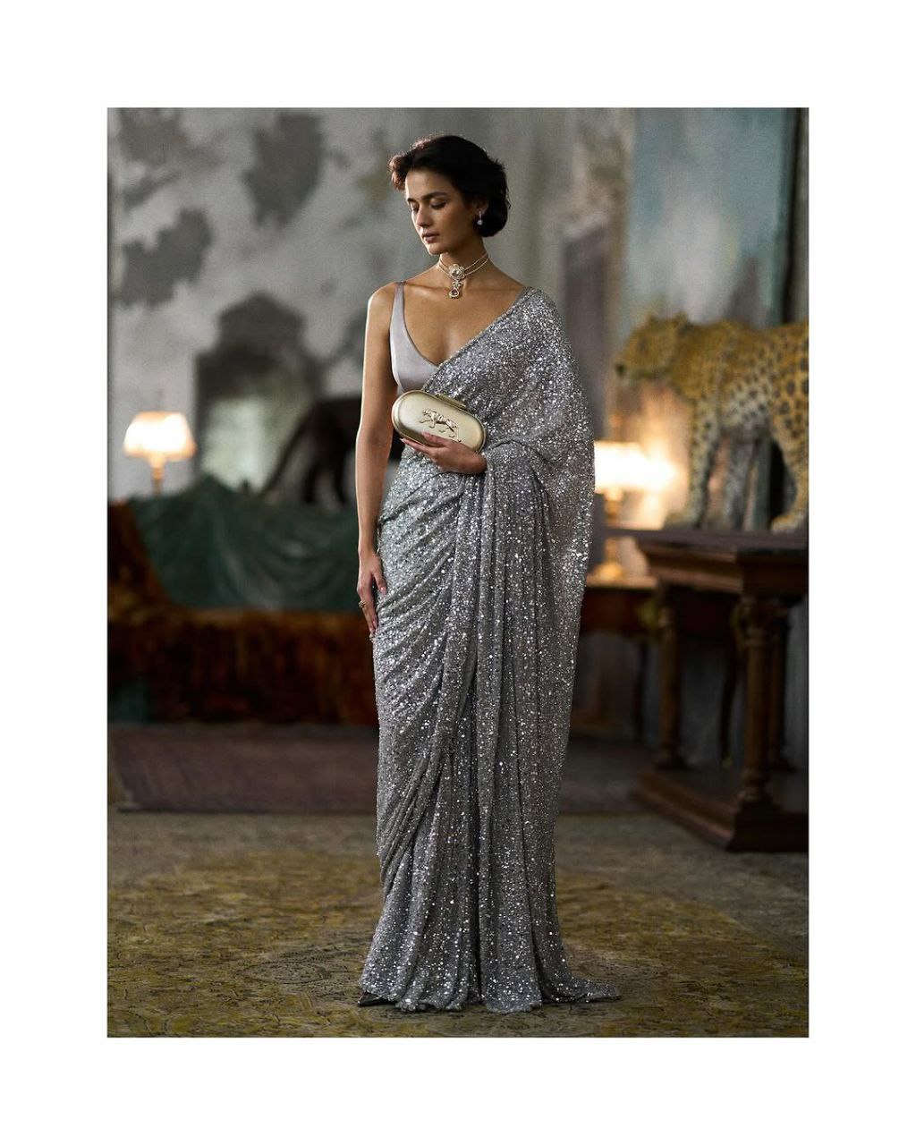 Bollywood Alia Bhatt Inspired Faux Georgette Sequins Embroidered Designer Saree
