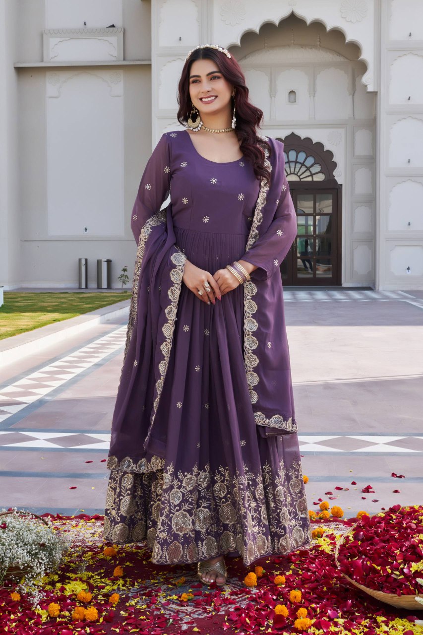 Festival Collection Fox Georgette Long Gown with Heavy Sequence Embroidery Work - Fully Stitched