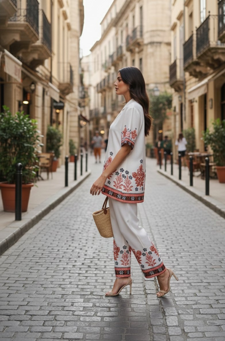Women's Cotton Silk Digital Printed Co-Ord Set with V-Neck Top and Pant - Fully Stitched