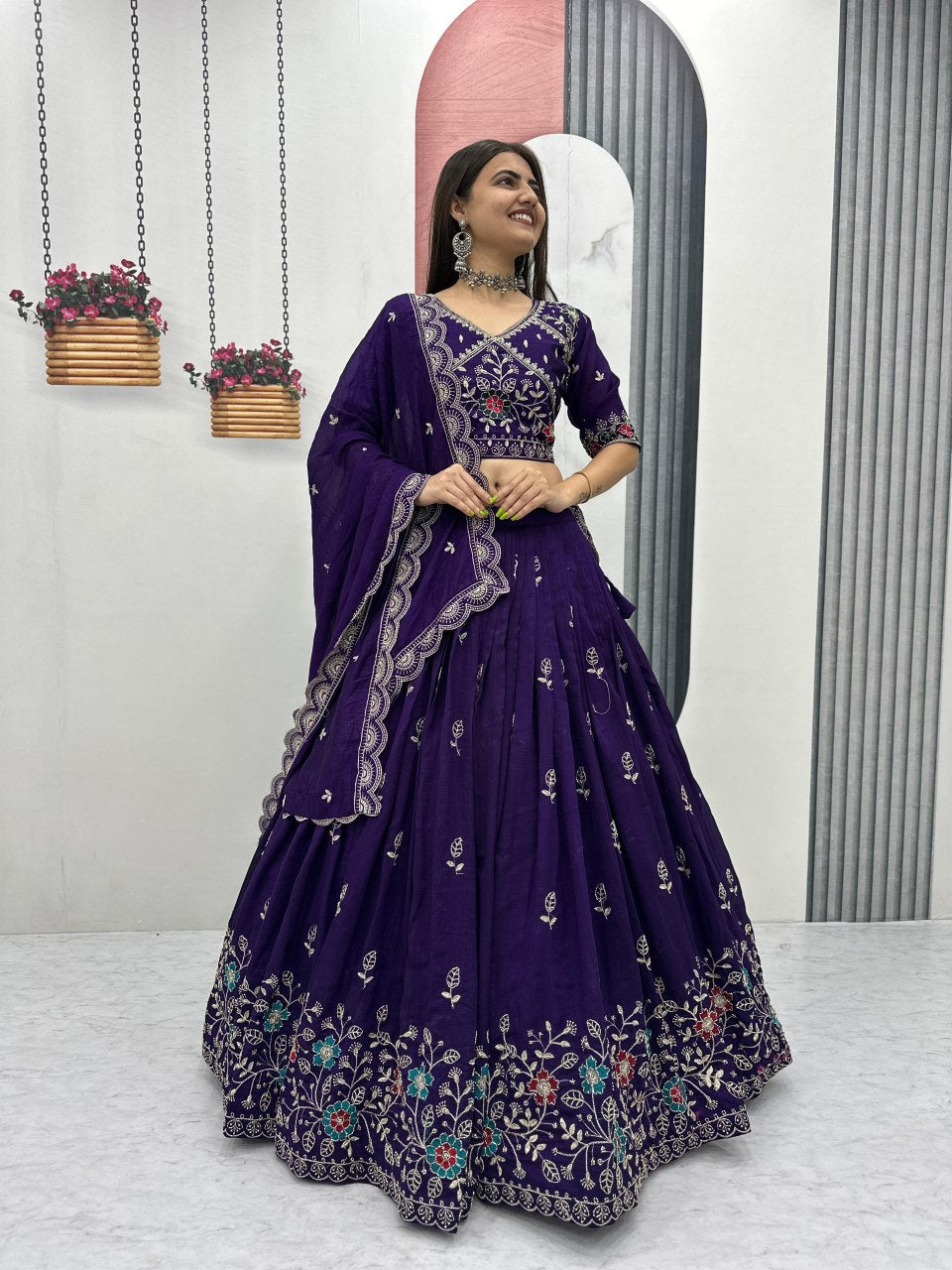 New Festival Pure Blooming Vichitra Silk Lehenga Choli with Heavy Embroidery Work - Fully Stitched
