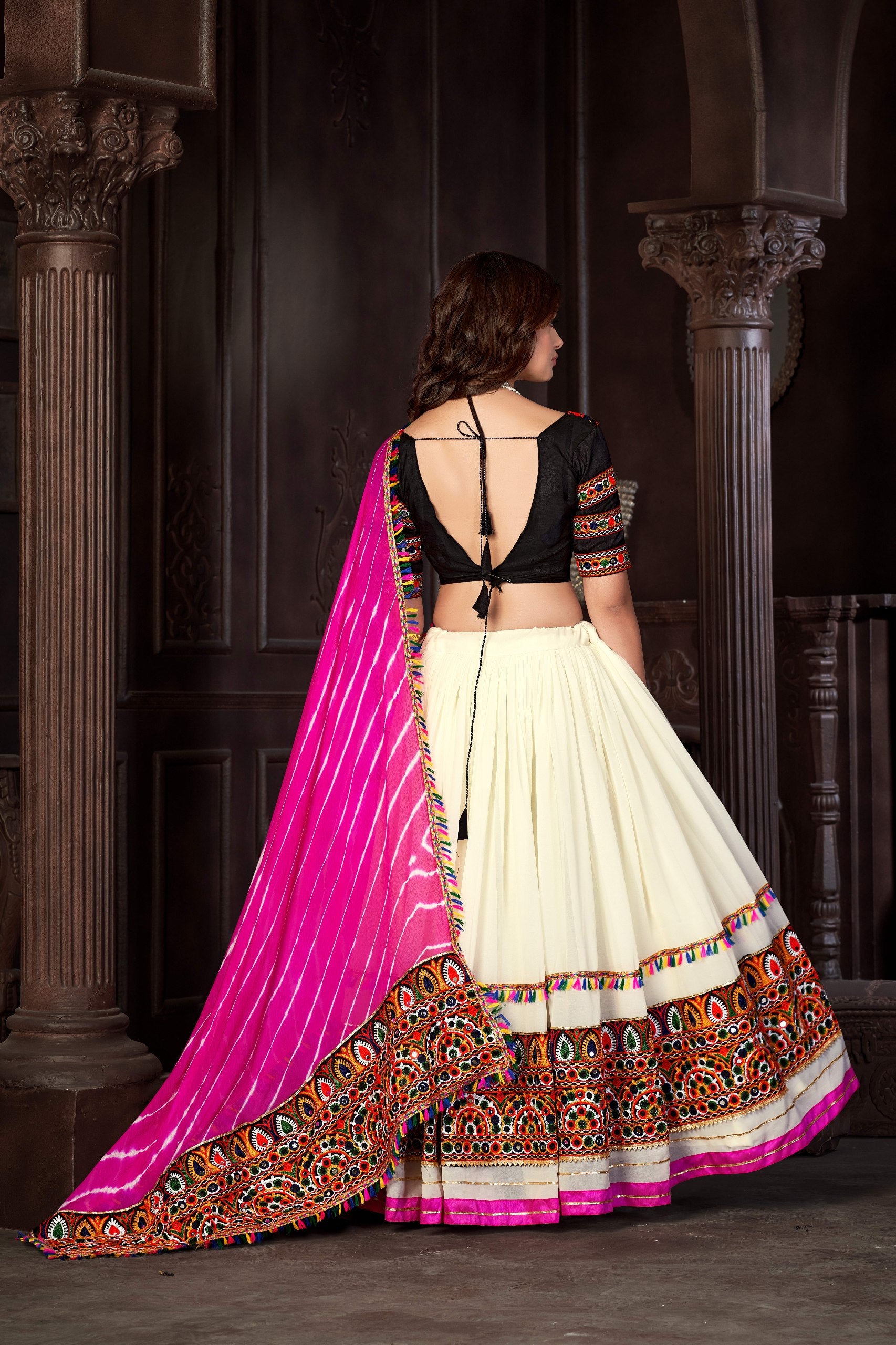 Navratri Special Off-White Georgette Chaniya Choli with Traditional Kutchi Mirror Work