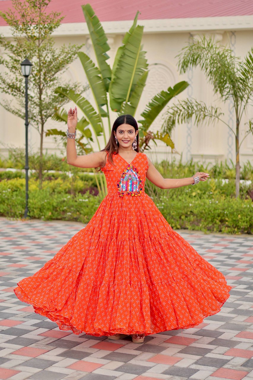 Navratri Special Faux Georgette Gown with Embroidery Thread Work and Real Mirror - Fully Stitched