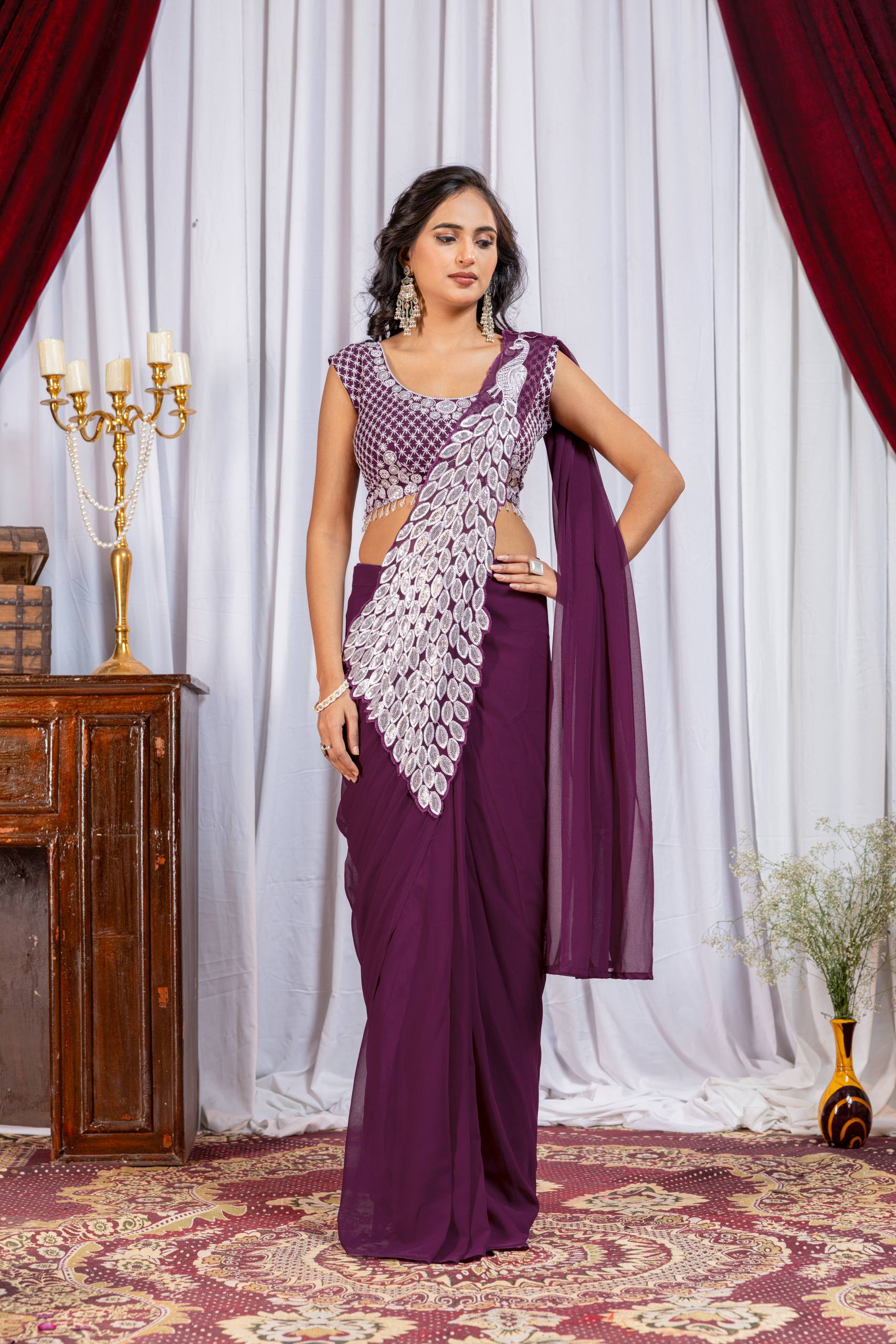 Superhit Trending Faux Georgette Ready to Wear Saree with Fully Embroidered Stylish Blouse - Fully Stitched