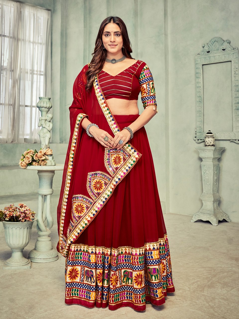 Navratri Special Dark Maroon Kutchi Embroidered Chaniya Choli with Mirror Work