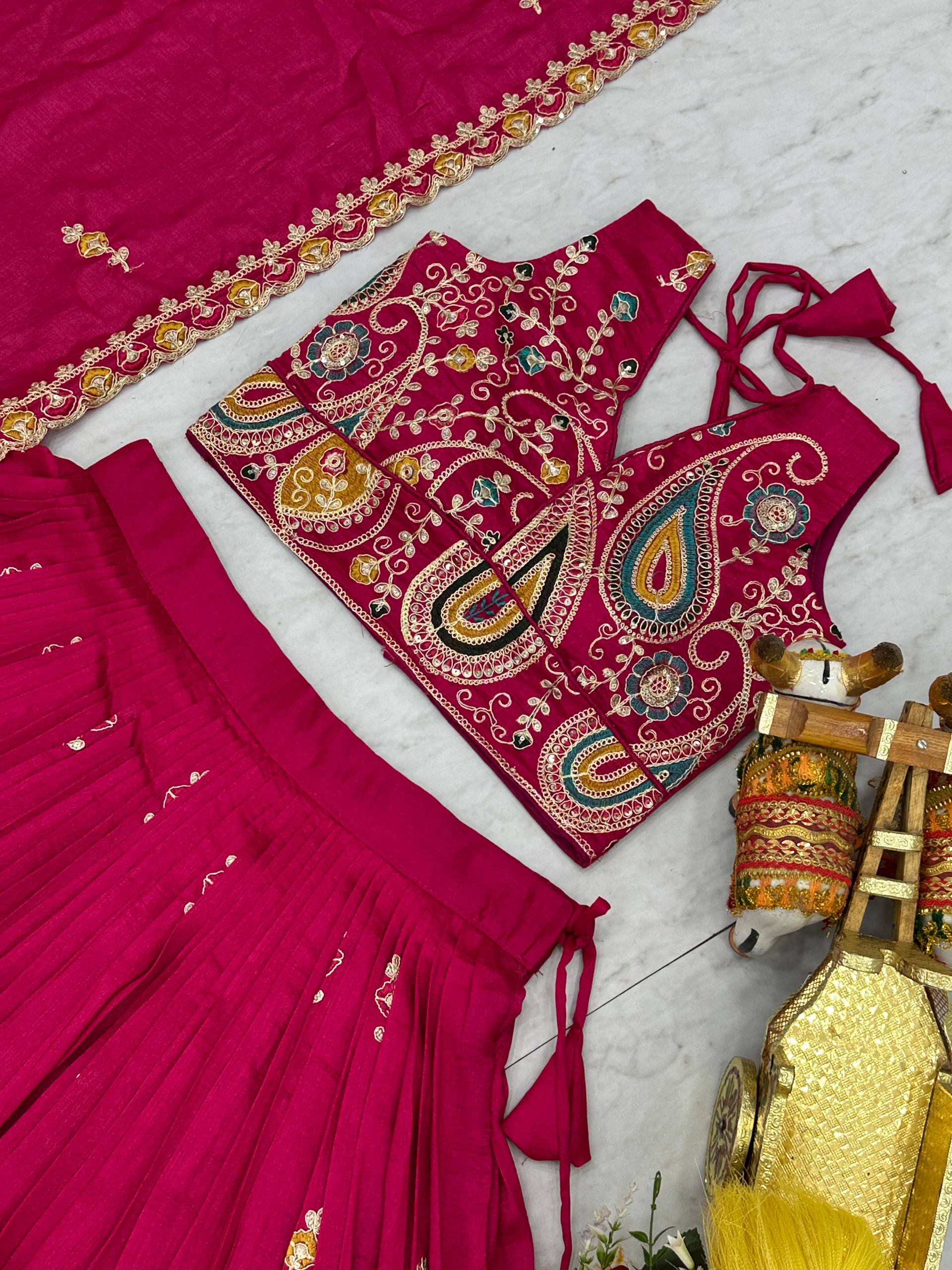 Wedding Collection Vichitra Lehenga Choli with Heavy Cording Embroidery Work - Fully Stitched