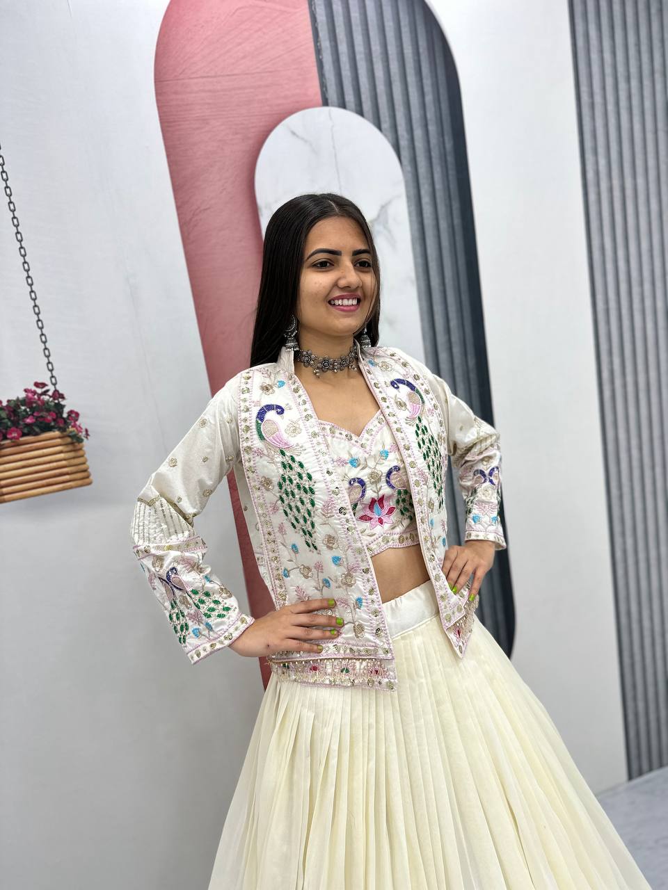 Launching Festival Special Vichitra Silk Crop Top Lehenga with Embroidered Jacket - Fully Stitched