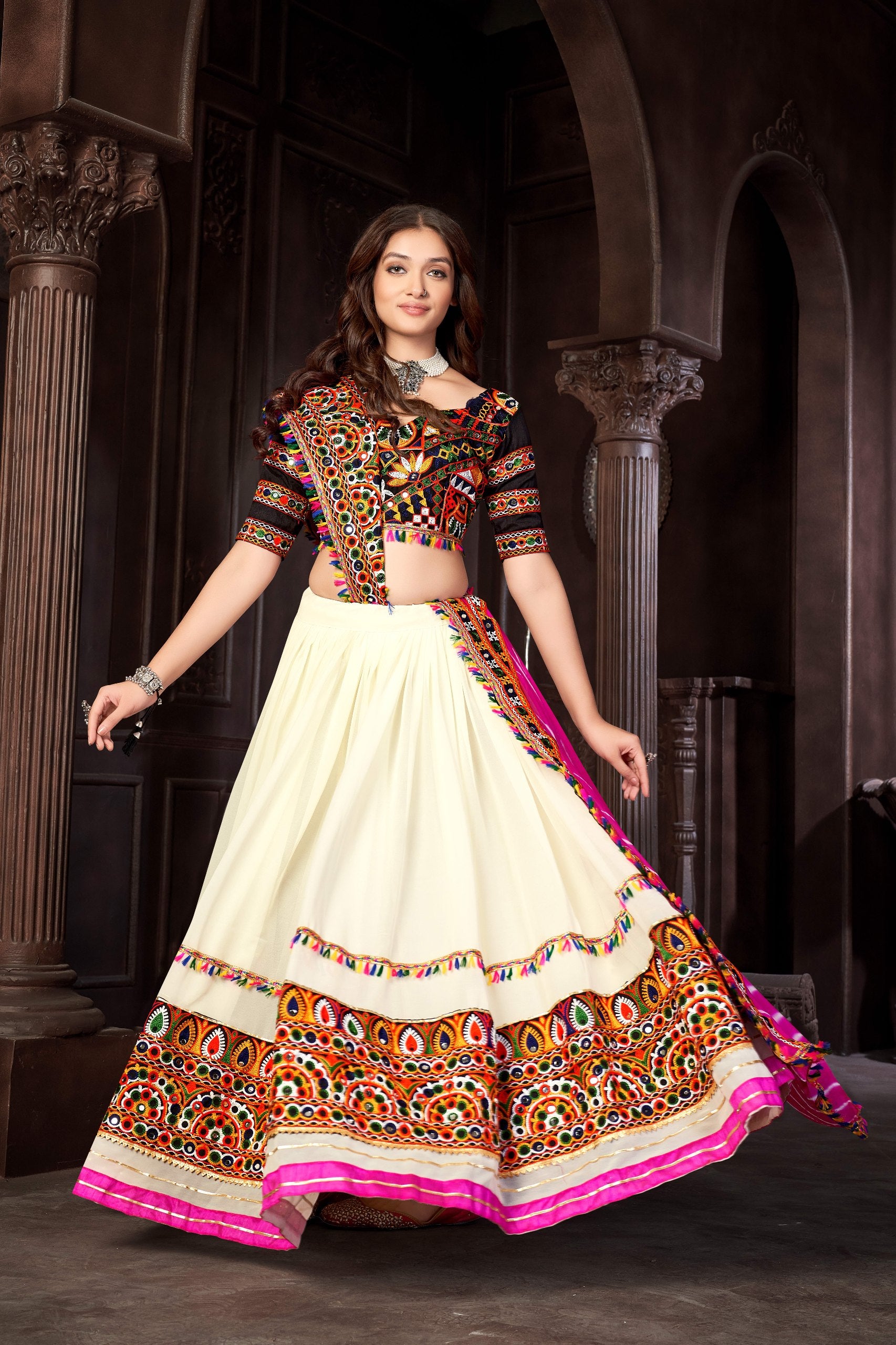 Navratri Special Off-White Georgette Chaniya Choli with Traditional Kutchi Mirror Work