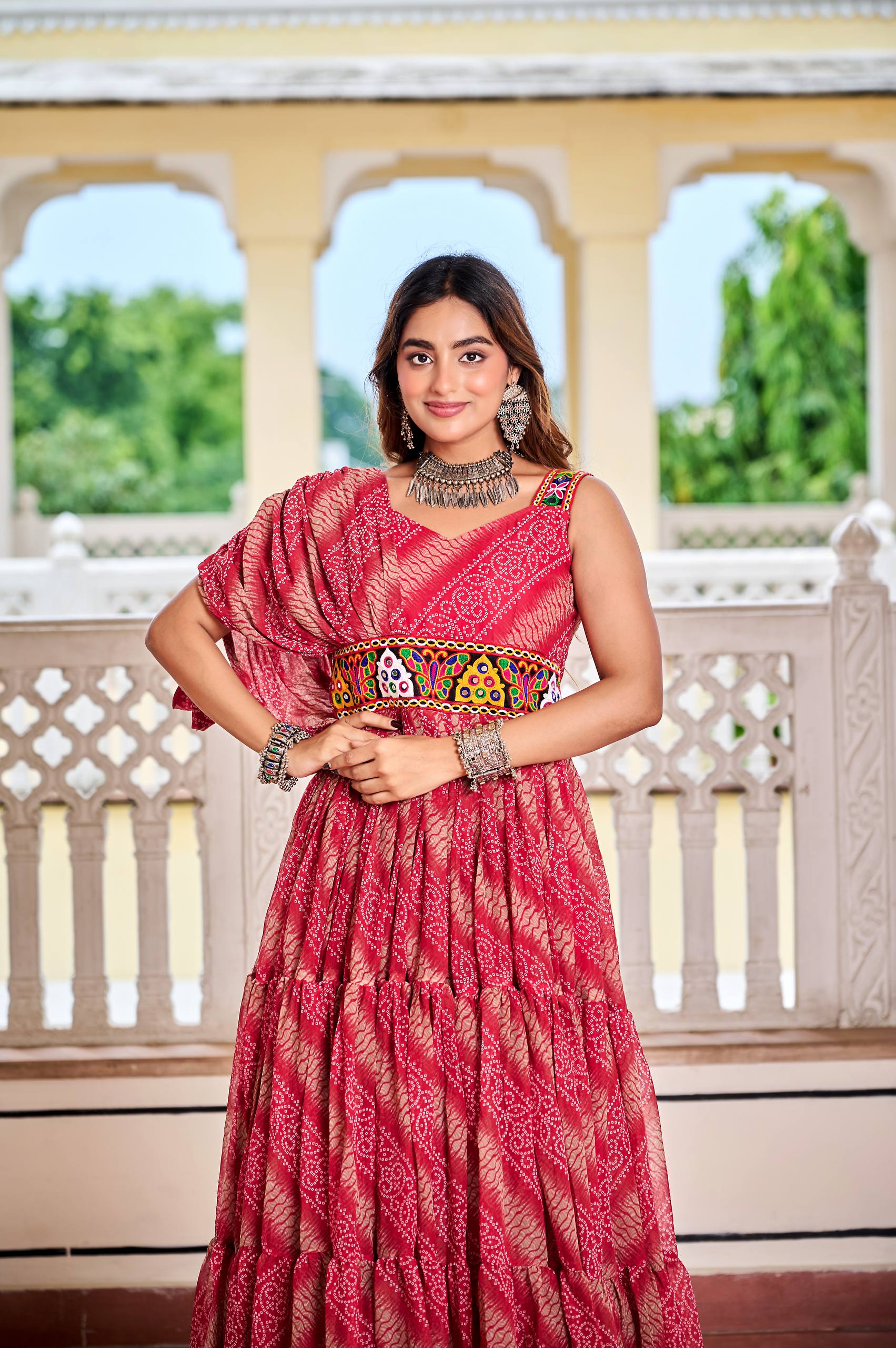 Navratri Special Bandhani Print Faux Georgette Gown with Gamathi Work and Real Mirror - Fully Stitched