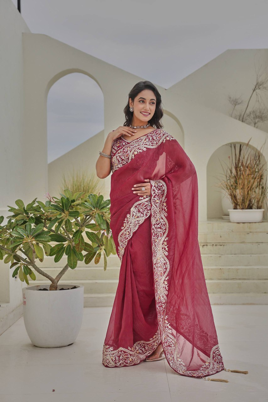 Festival Wedding Saree in Silver Crunchy Fabric with Heavy Thread and Sequence Embroidery Work