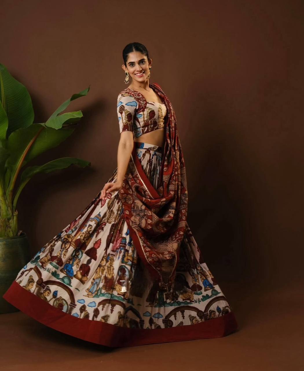 Traditional Kalamkari Print Cotton Lehenga Choli with Dupatta - Fully Stitched