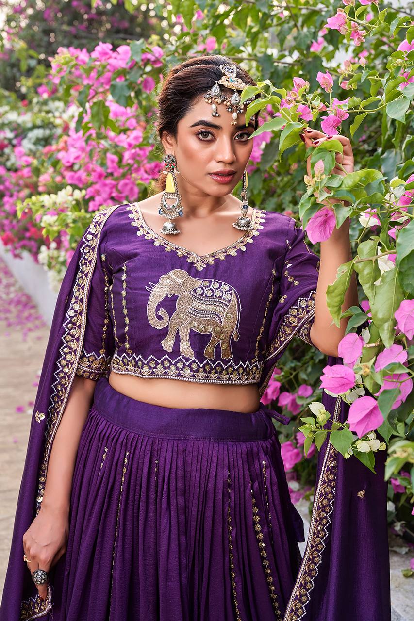 Wedding Collection Pure Vichitra Lehenga Choli with Heavy Embroidery Sequence Work - Fully Stitched