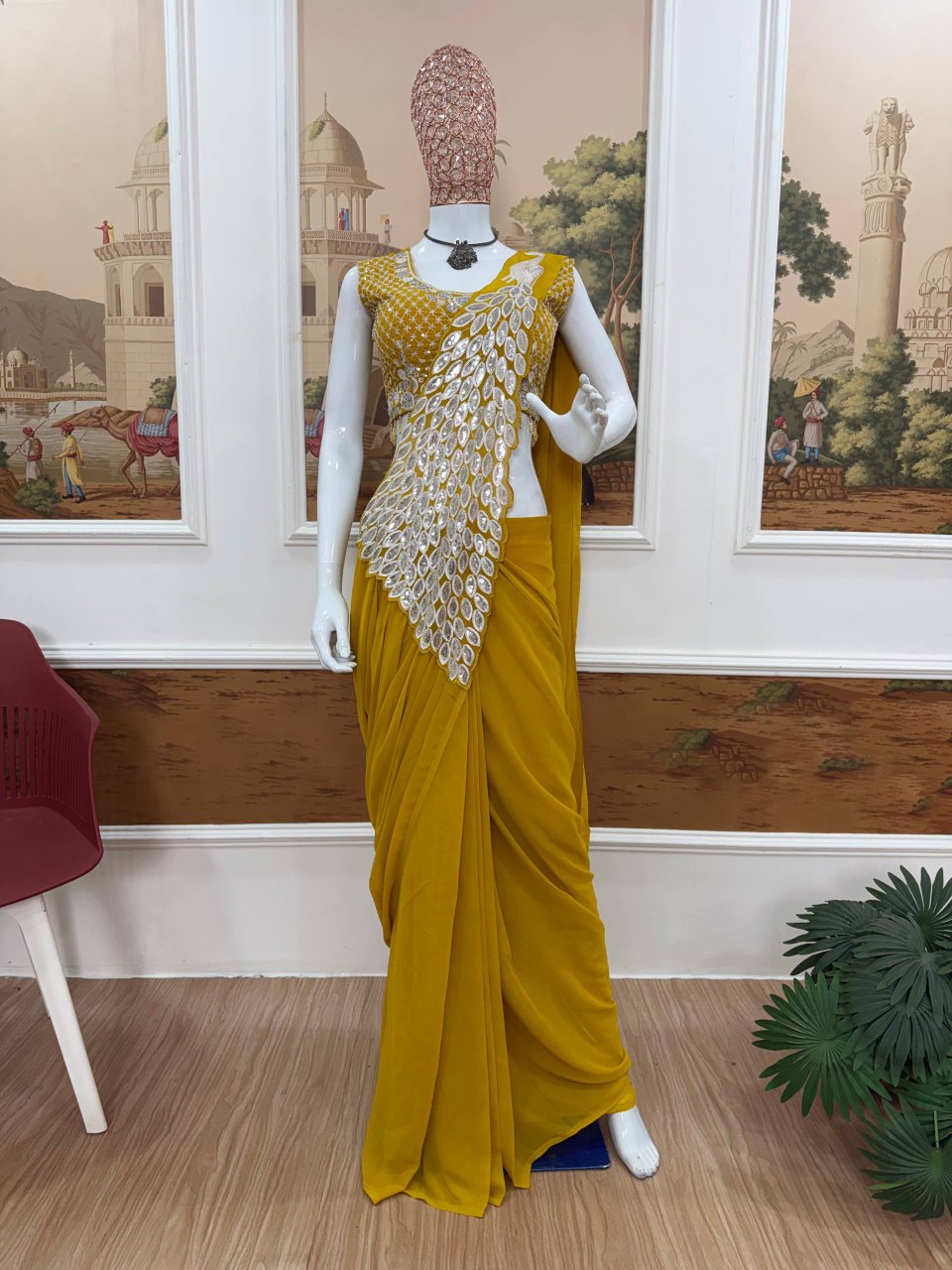 New Superhit Trending Faux Georgette Ready to Wear Saree with Fully Embroidered Stylish Blouse - Fully Stitched