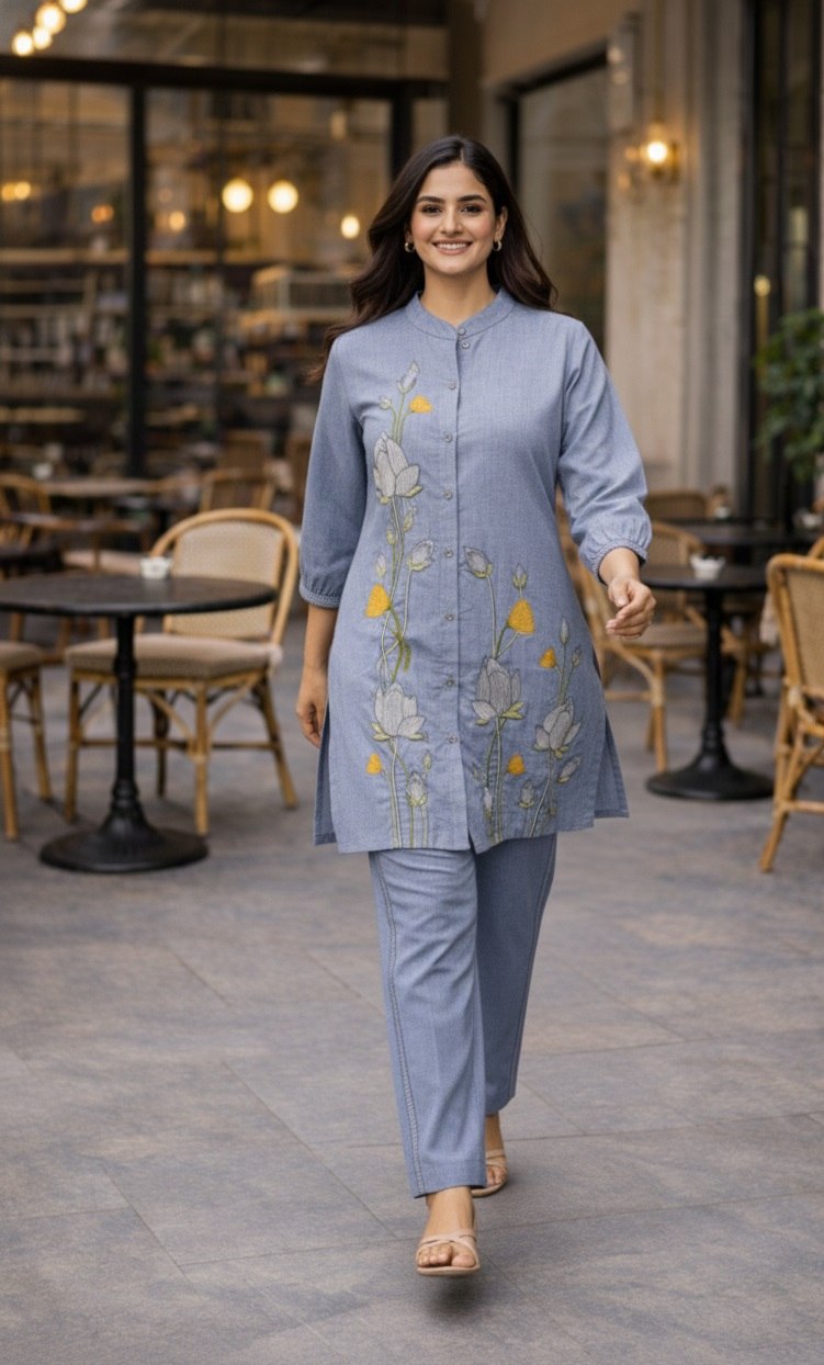 Women's Pure Cotton Embroidered Co-Ord Set with Collar Neck Top and Pant - Fully Stitched