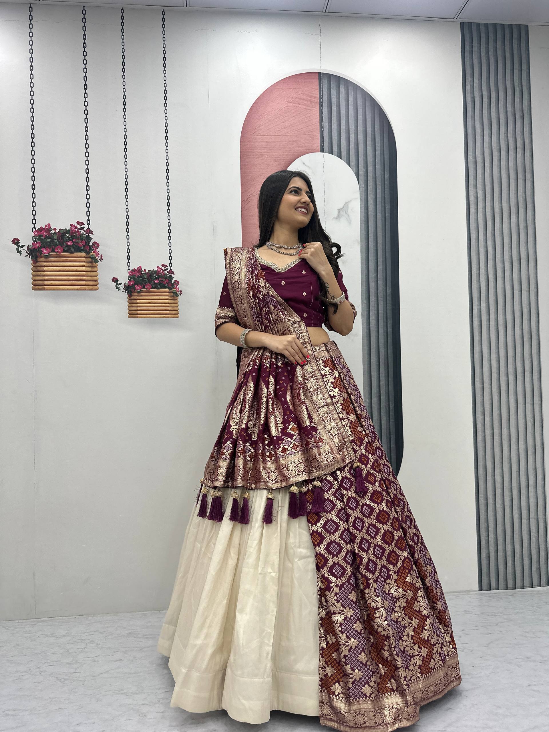 Wedding Special Trending Lehenga Saree with Jacquard Silk Blouse and Simar Silk Lehenga - Ready-Made Patli
