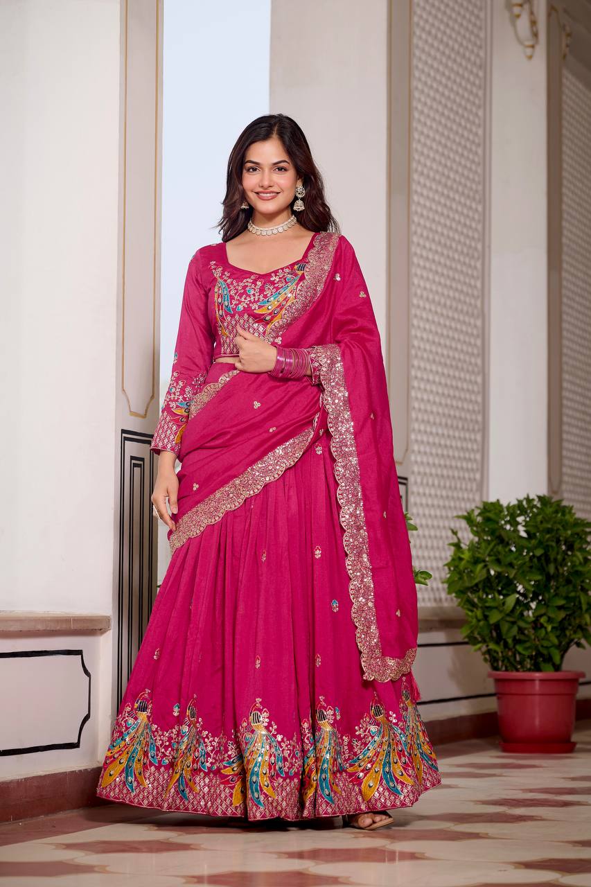Festival Collection Vichitra Lehenga Choli with Heavy Embroidery and 3MM Sequence Work  - Fully Stitched (