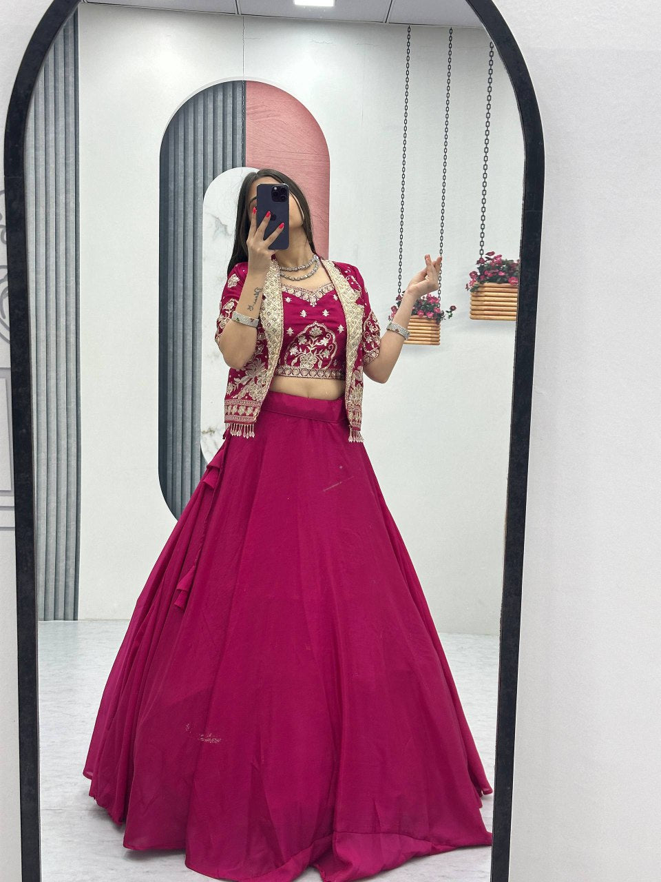 Festival Special Vichitra Silk Crop Top Lehenga with Embroidered Jacket - Fully Stitched
