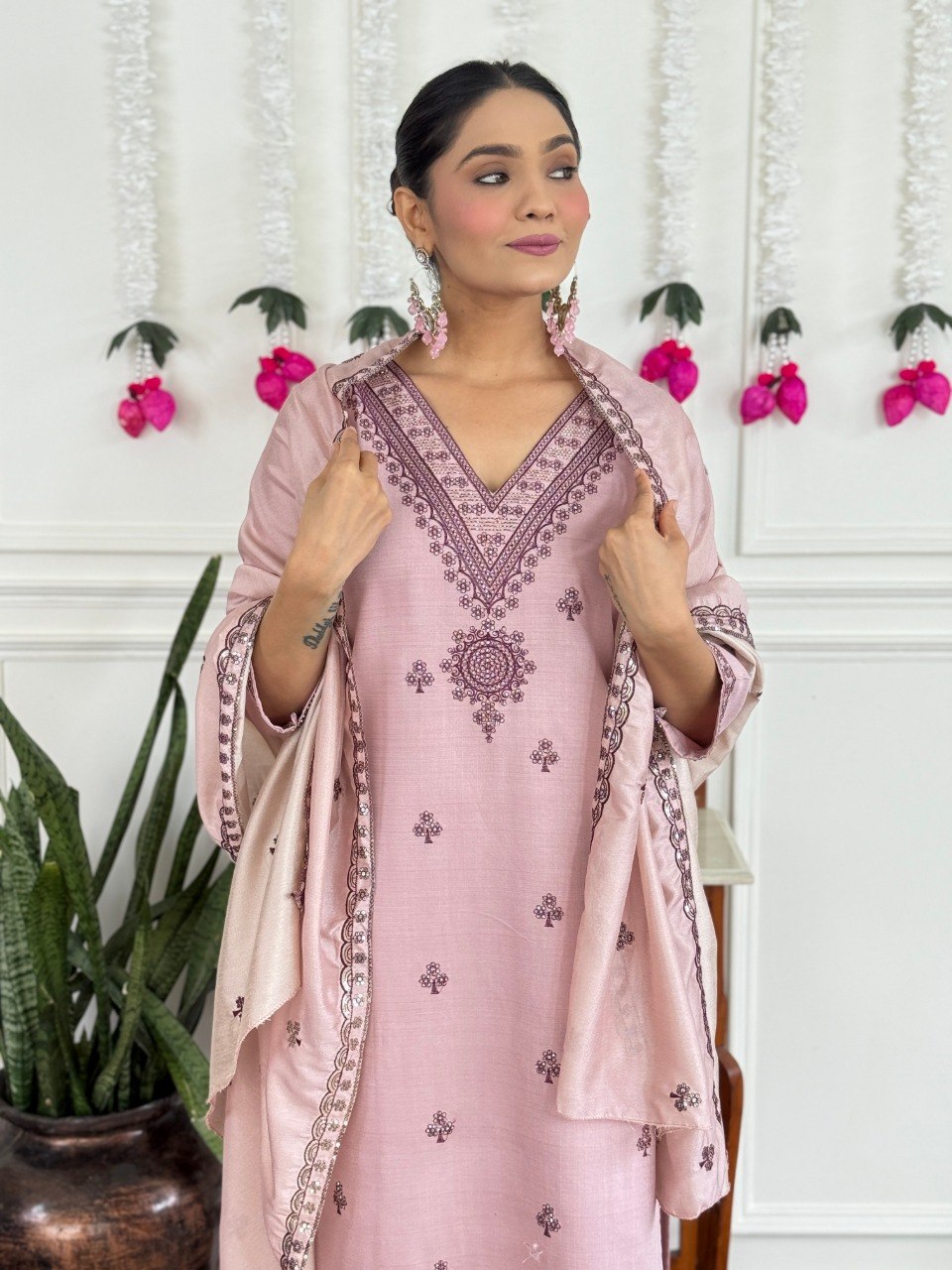 Stylish PV Chanderi Embroidered Kurta Pant Set with Silk Dupatta for Party Wear - Fully Stitched