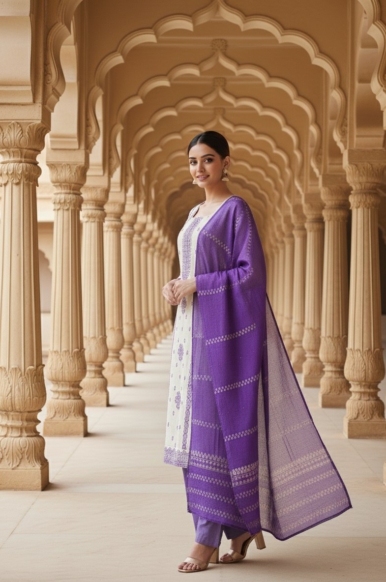 Designer Embroidered Kurta Pant Set with Printed Dupatta Perfect For Wedding Function
